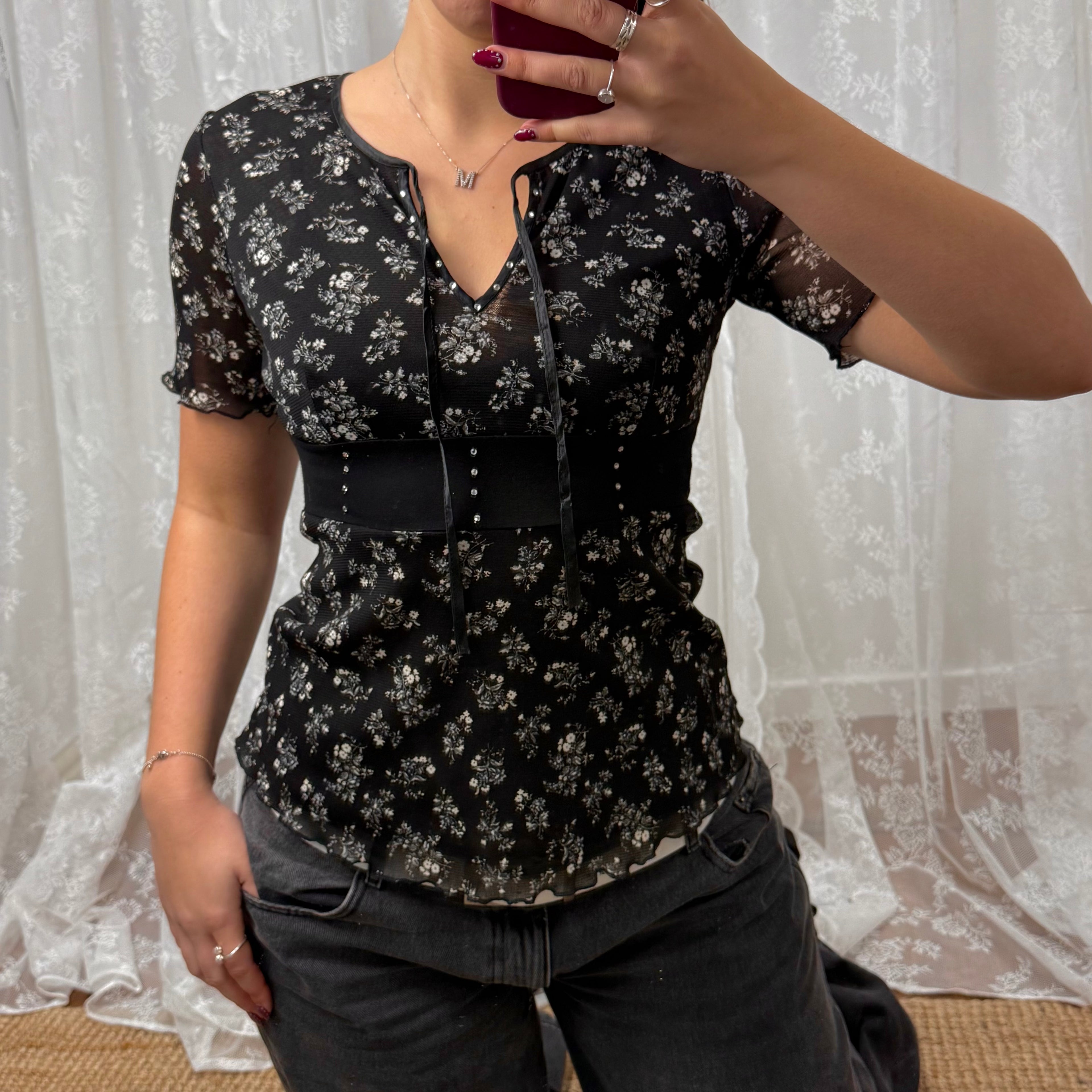 Black and white floral mesh top
