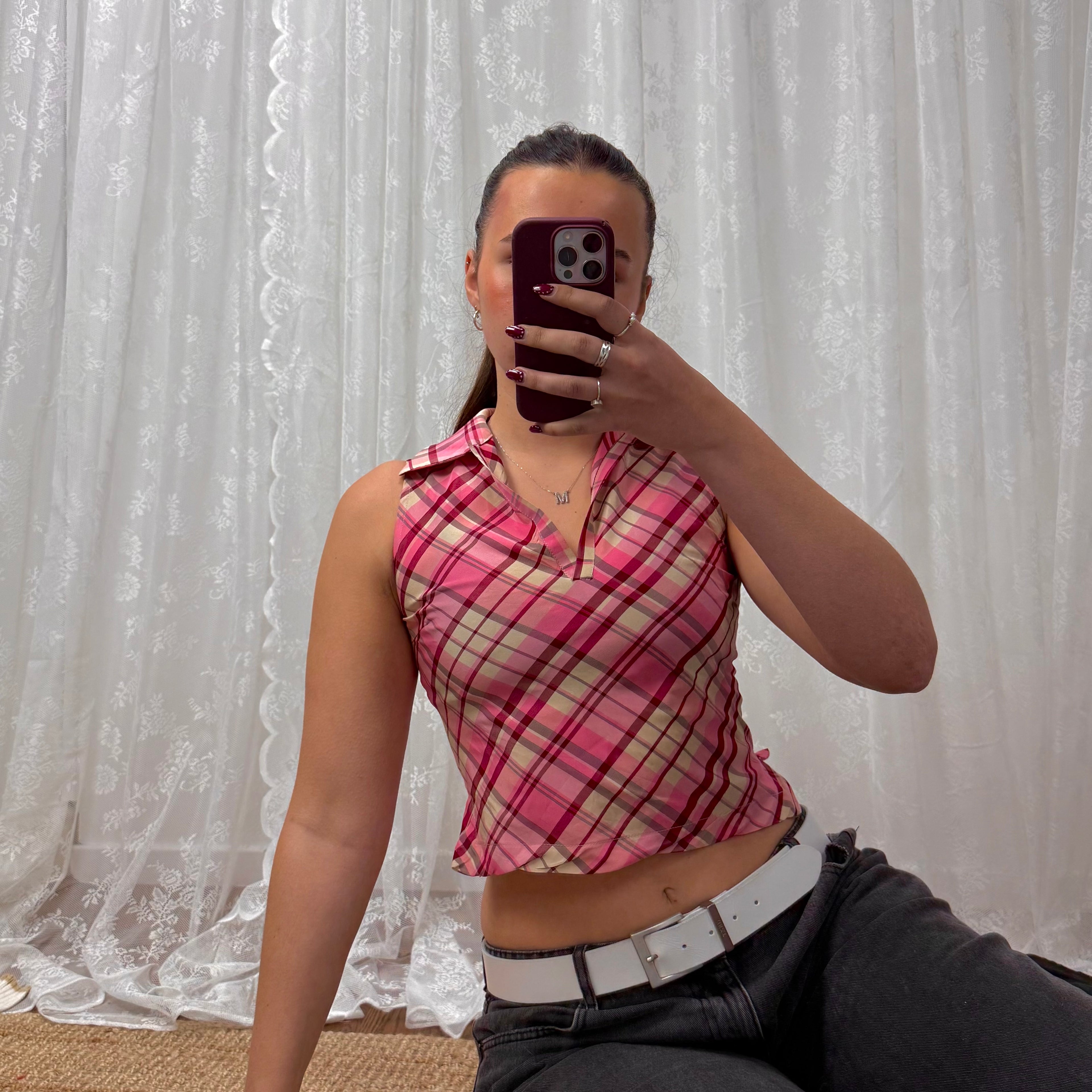 Pink checkered crop top with collar