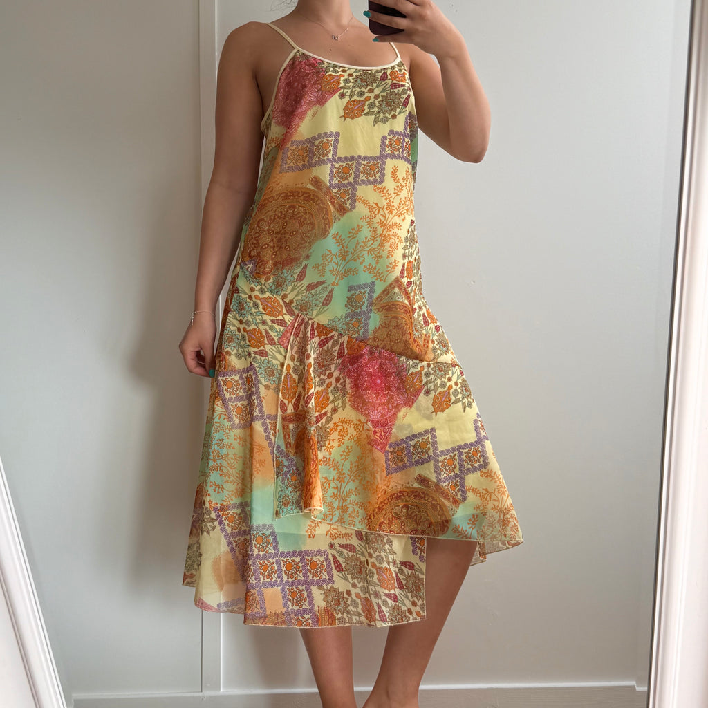 Multicoloured mesh asymmetrical patterned midi dress