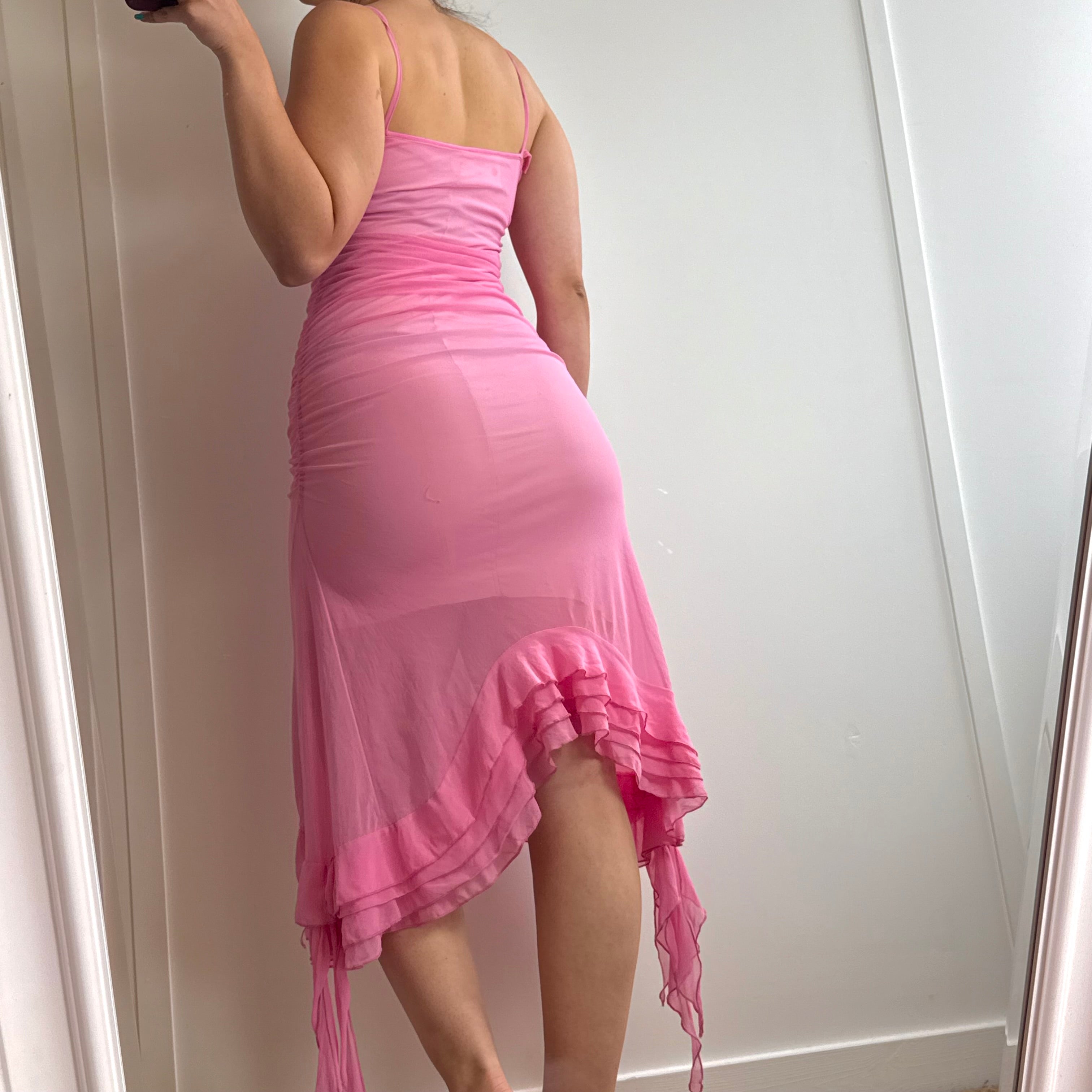 Pink mesh asymmetrical cowl neck dress