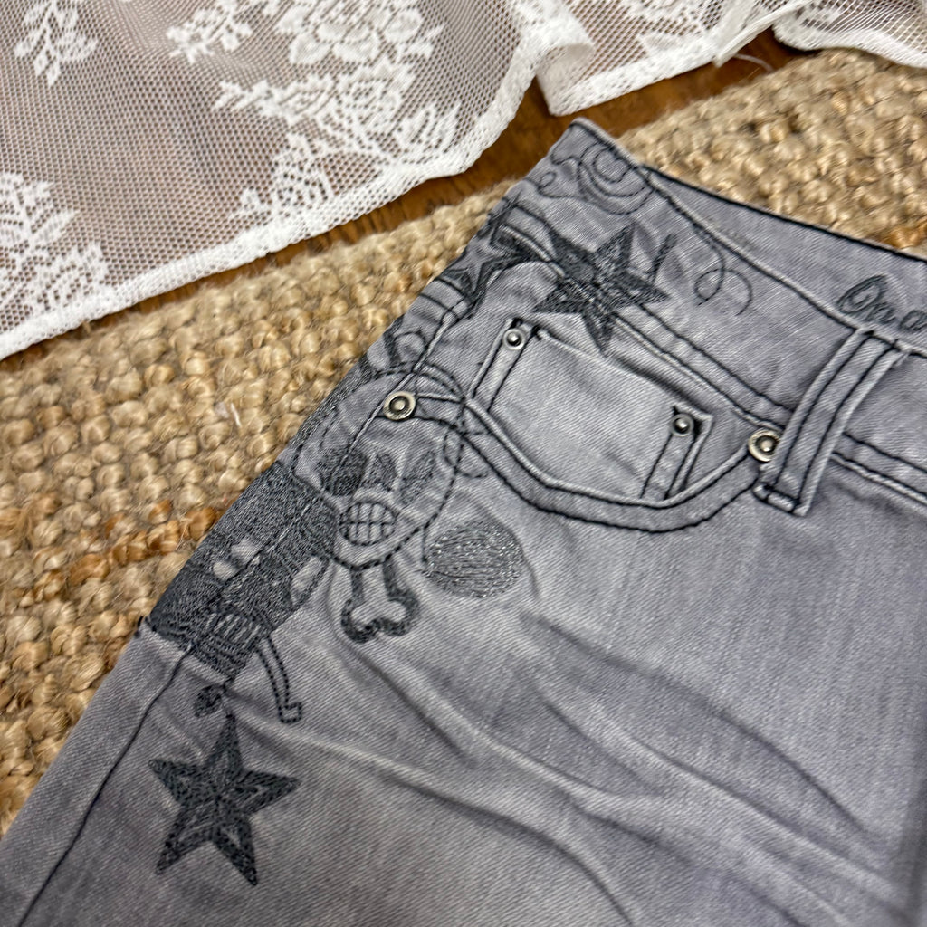 Grey denim embroided mini skirt