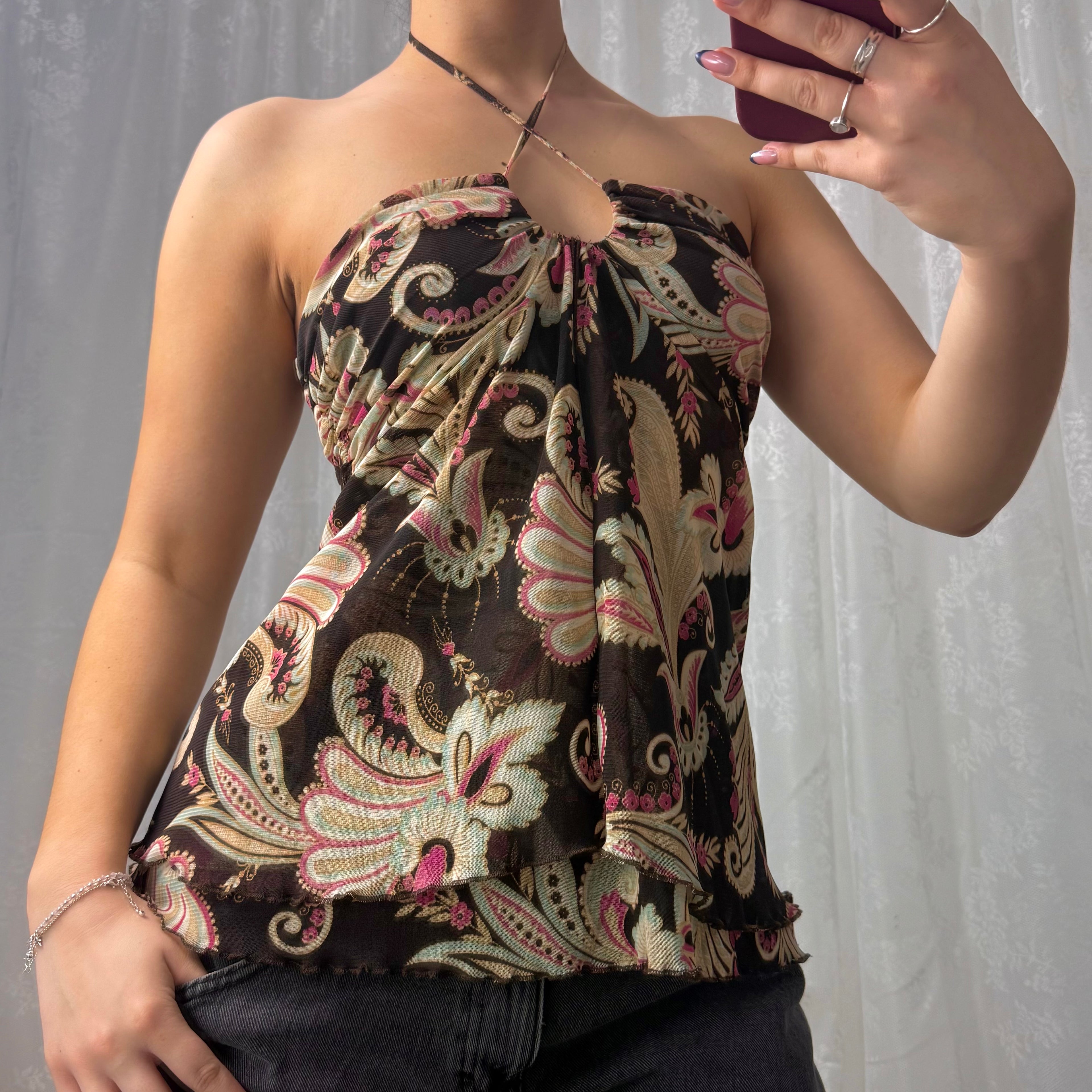 Brown floaty patterned halterneck top