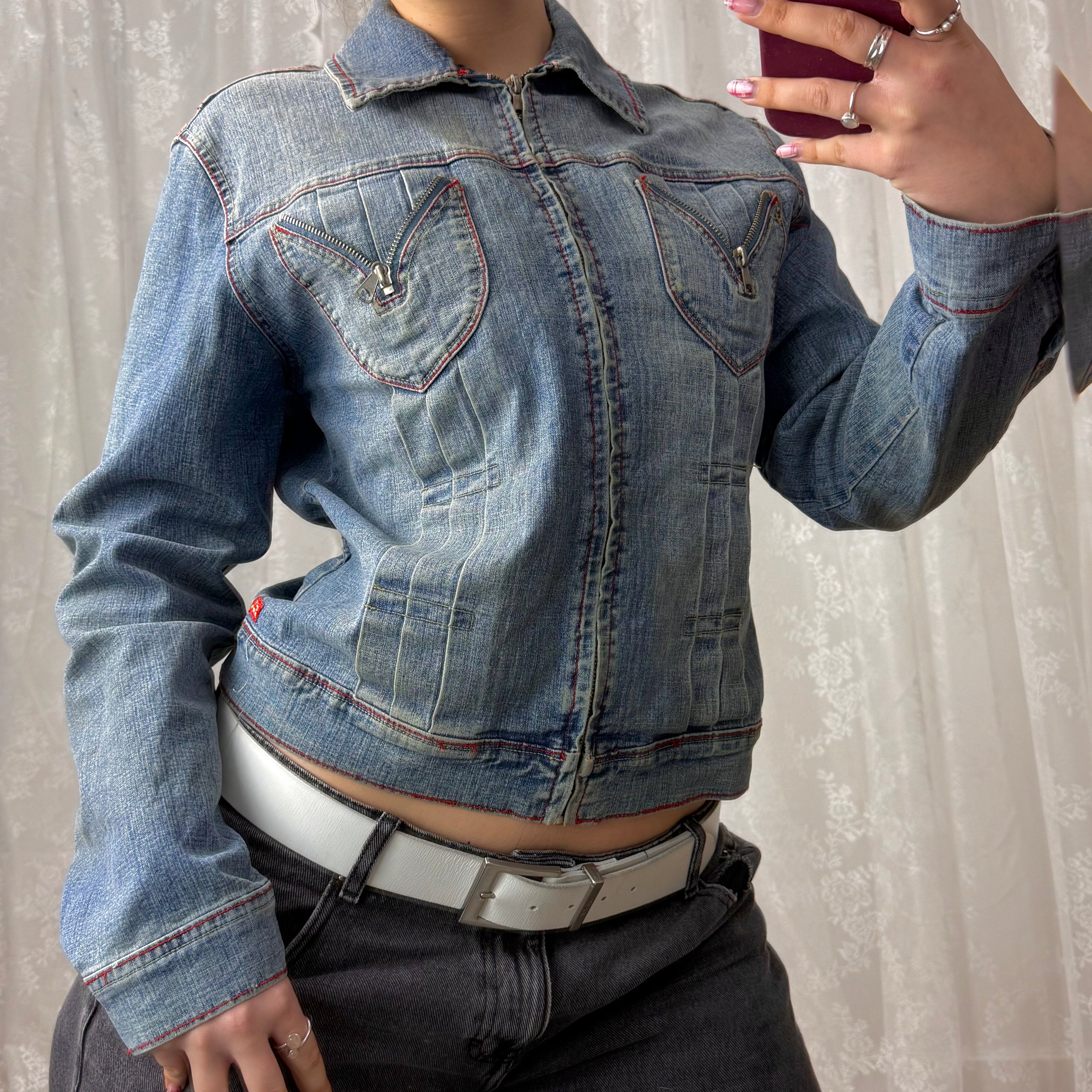 Blue denim zip detailed jacket