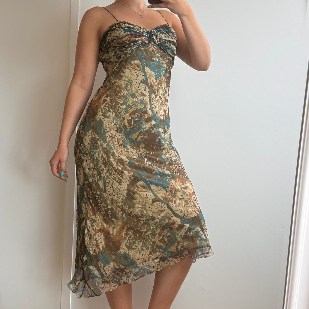Neutral patterned sequin mesh midi dress with bolero