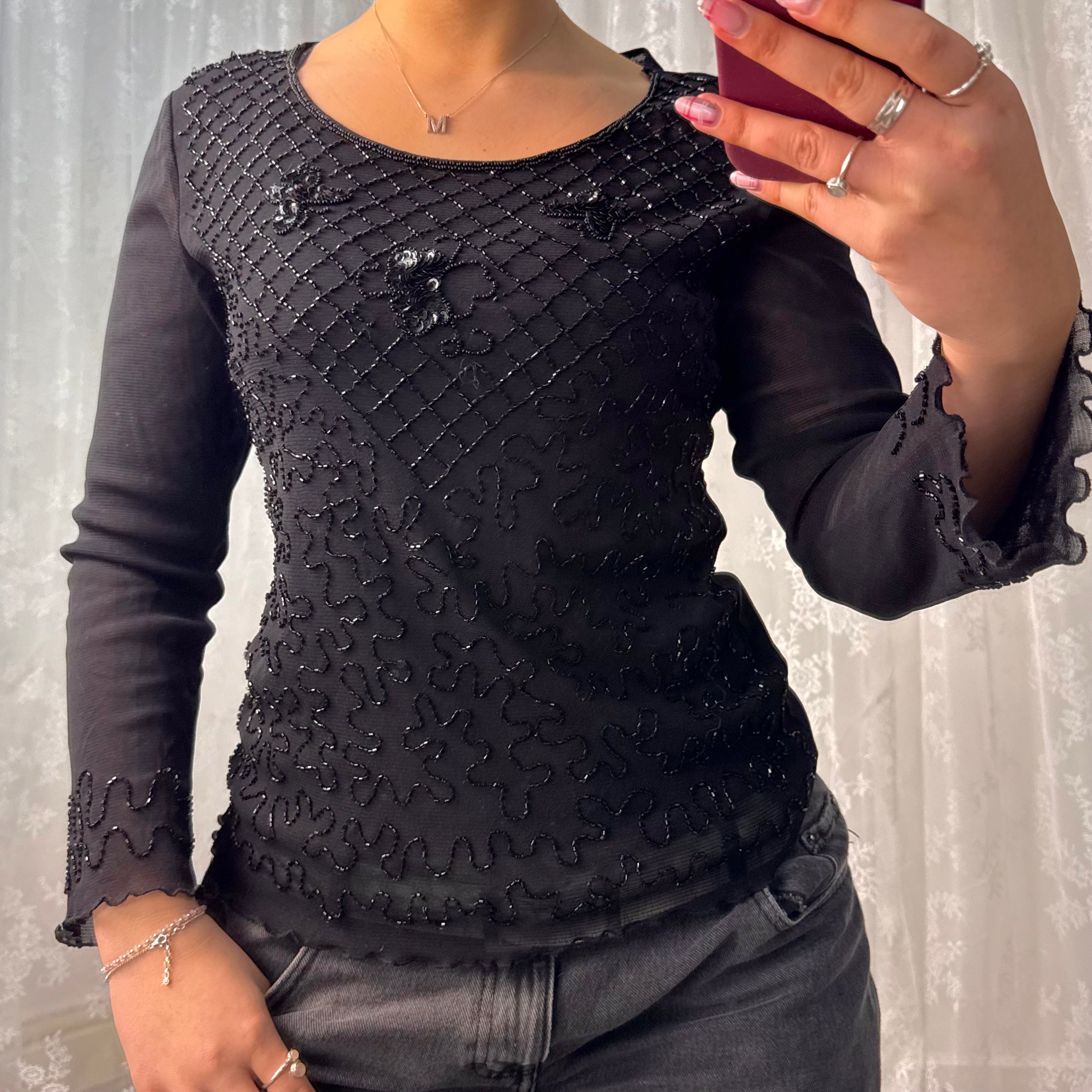 Black beaded long sleeved top