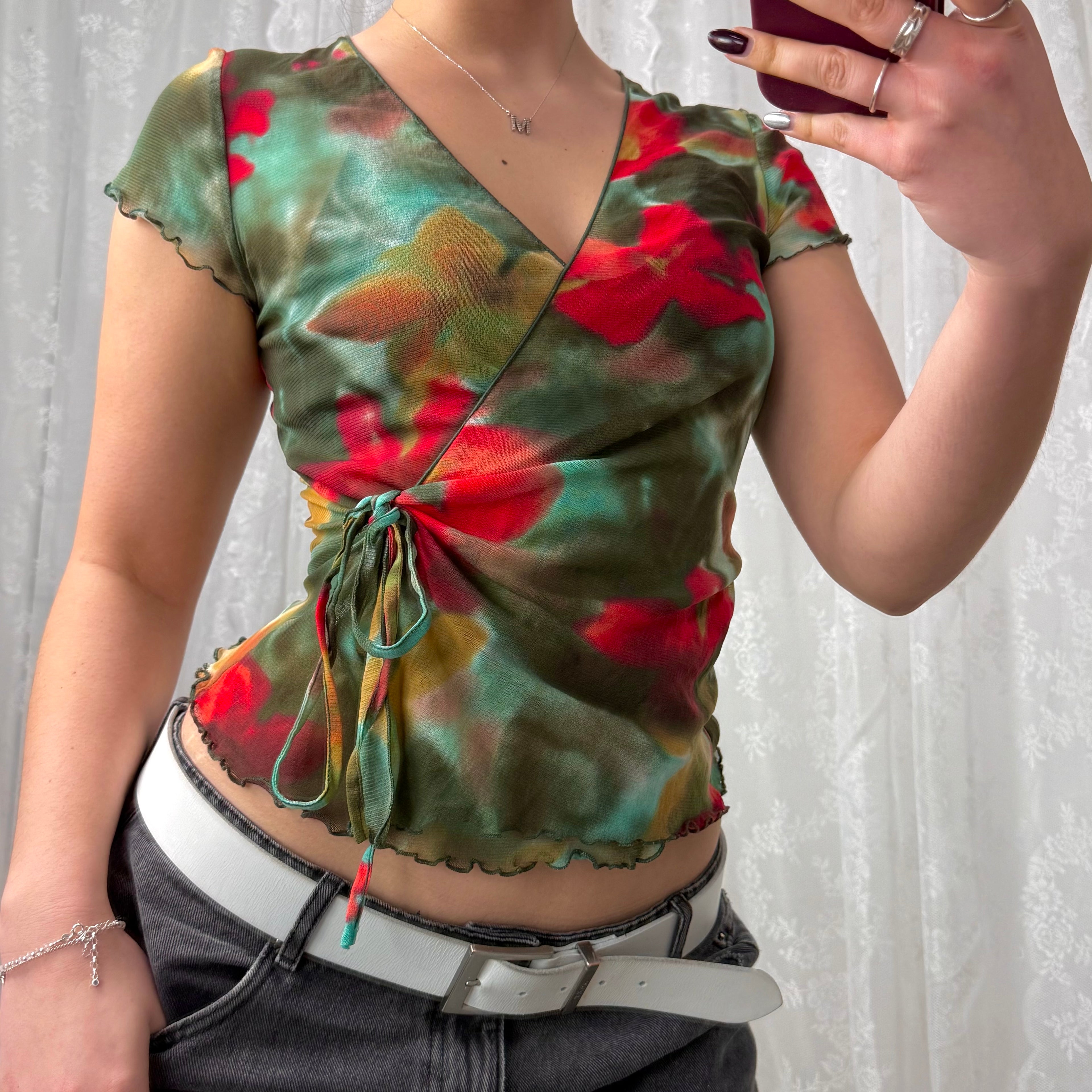 Multicoloured mesh wrap style top