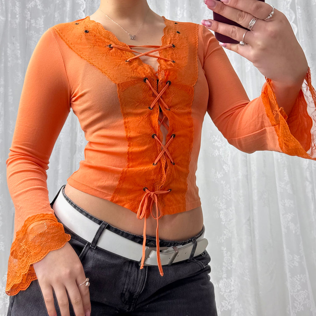 Orange tie up mesh shirt