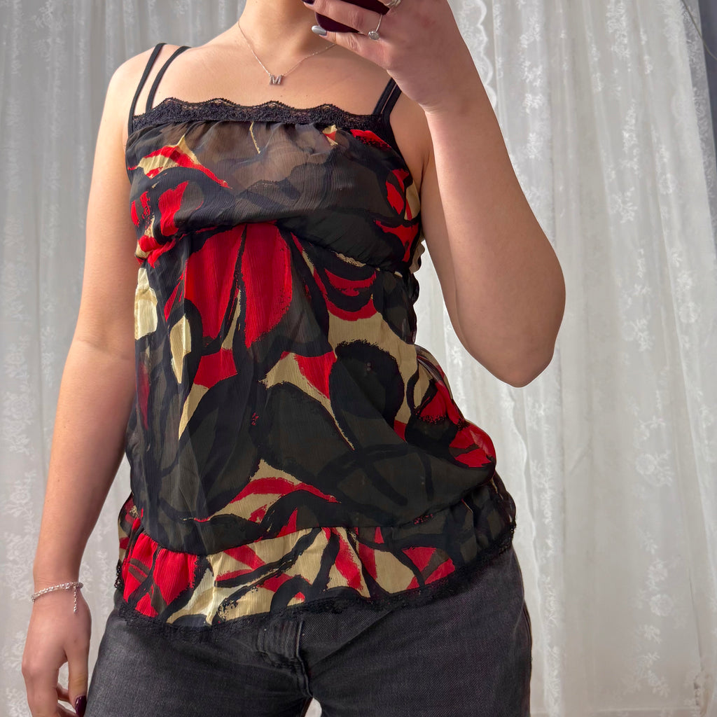 Red and black layered mesh cami top