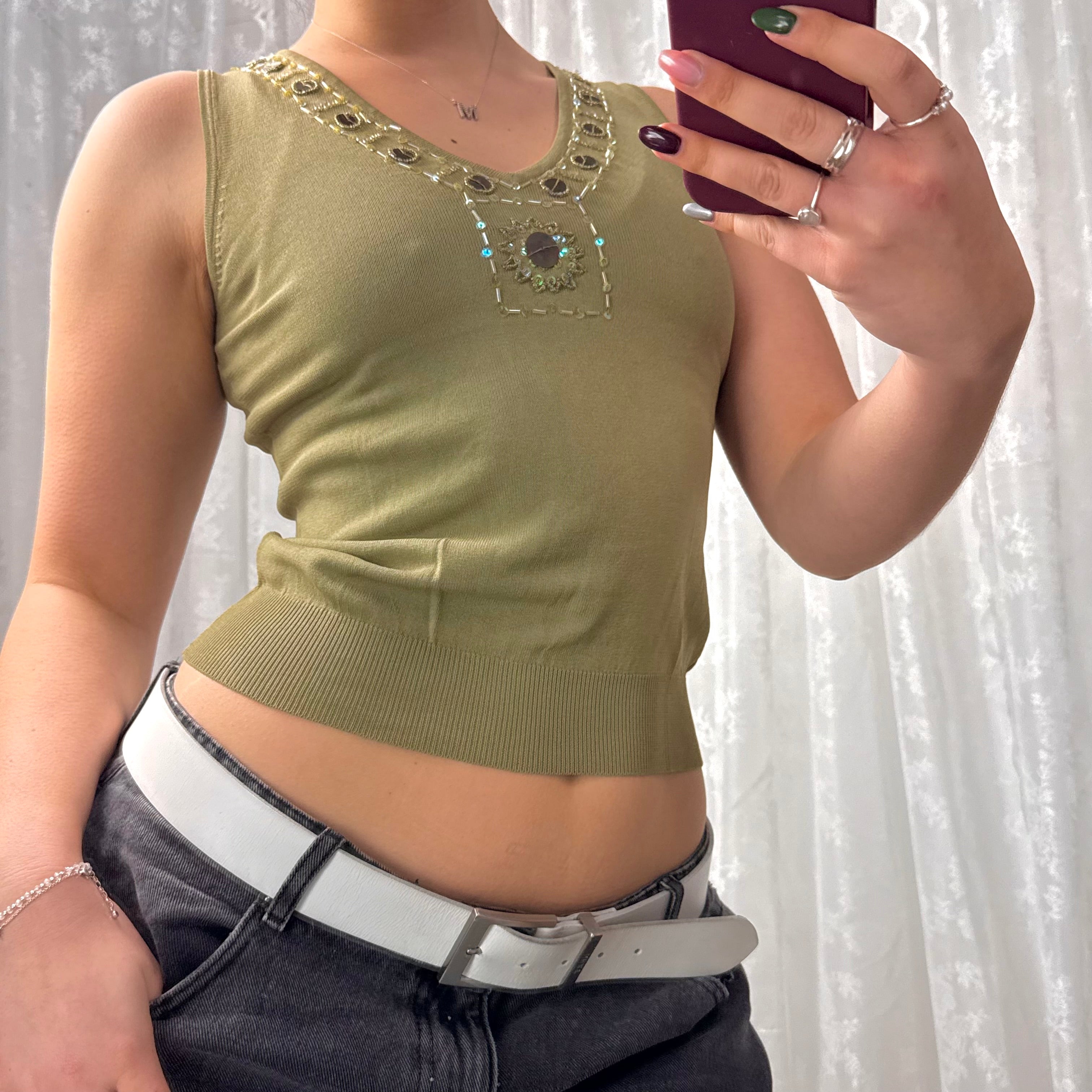 Green sequin and beaded v neck top