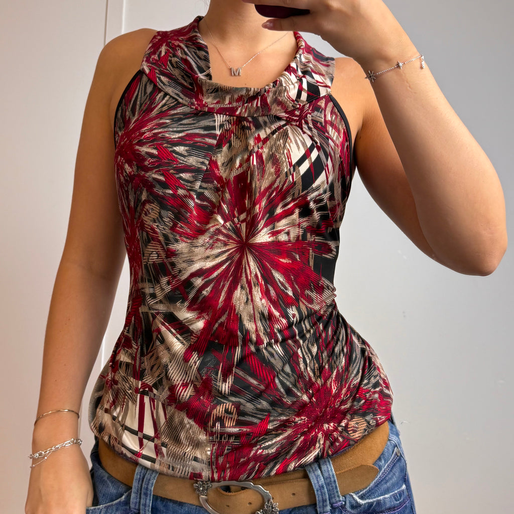 Red and beige slinky cami with tie back