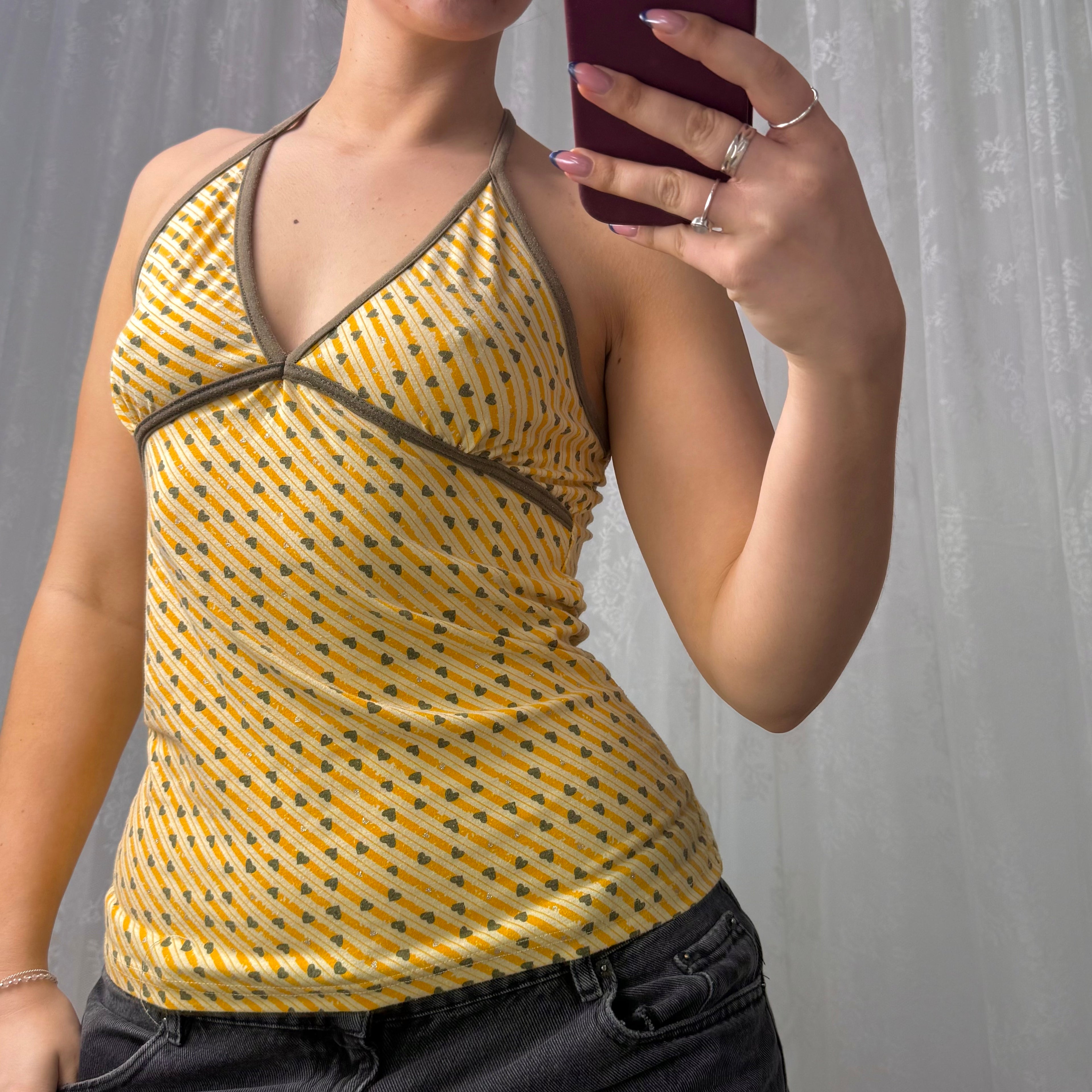 Yellow love heart patterned halterneck top