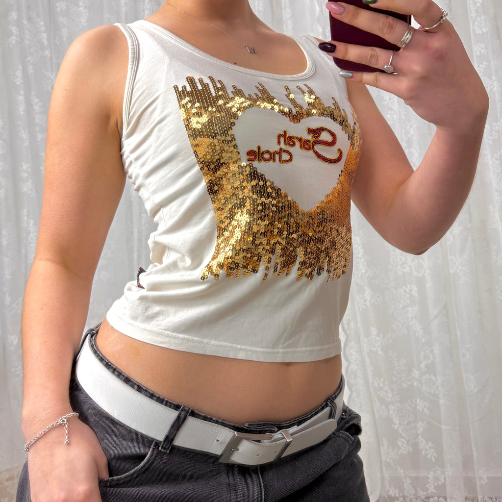 White and gold sequin tank top