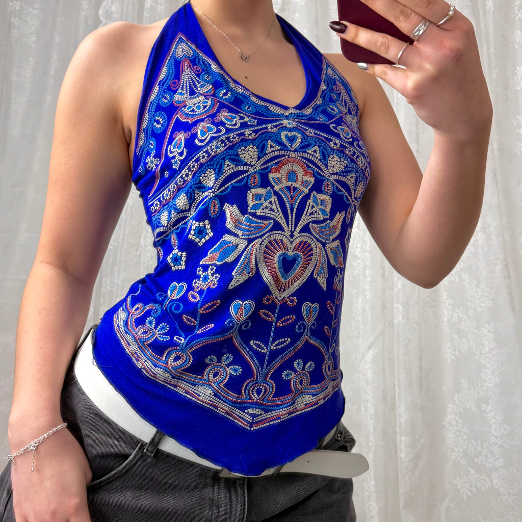 Blue detailed halterneck top