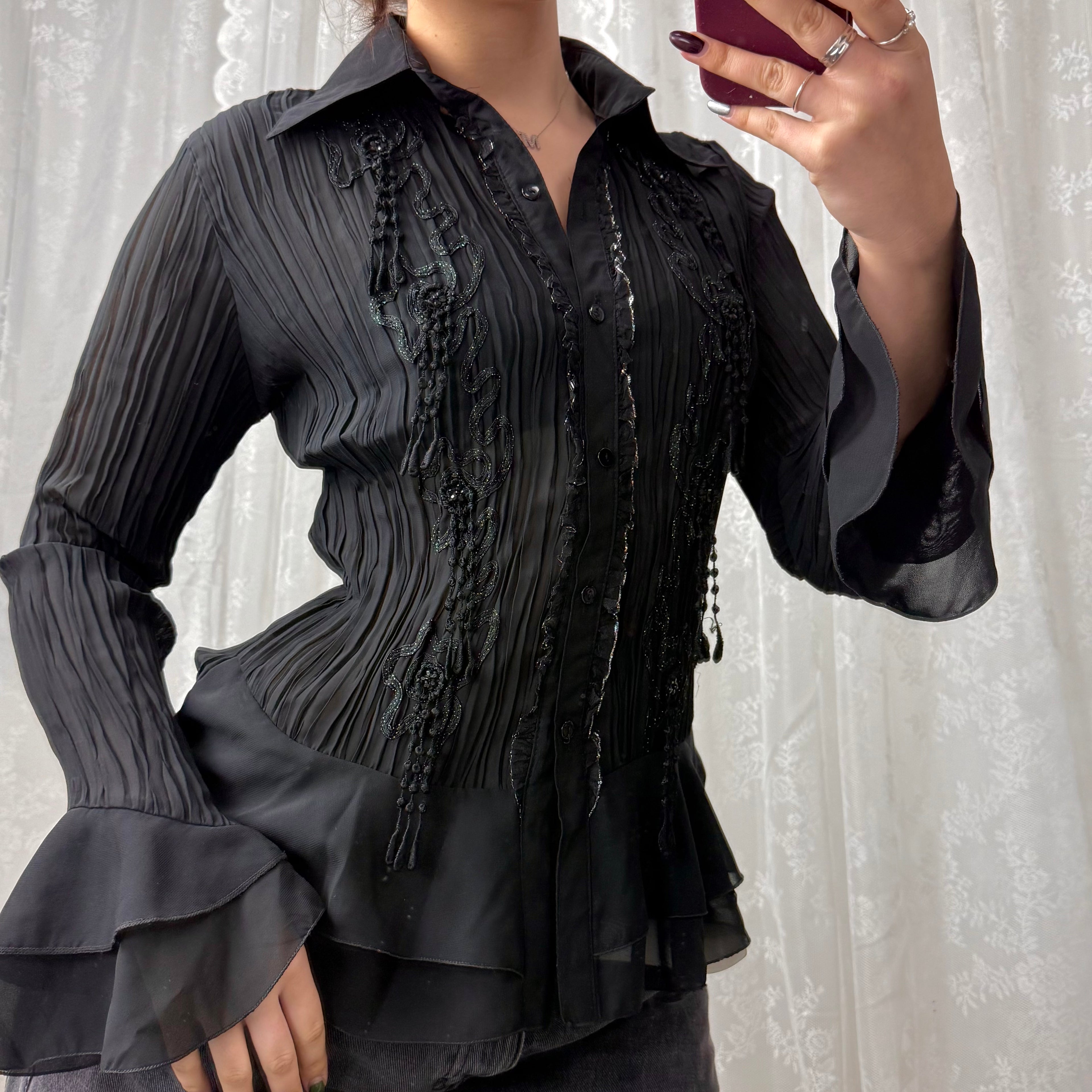 Black mesh shirt with green and black detailing