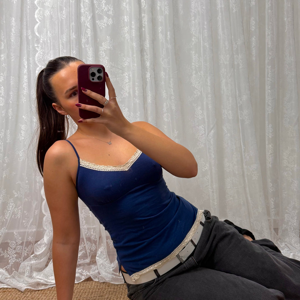 Blue and white textured cami top