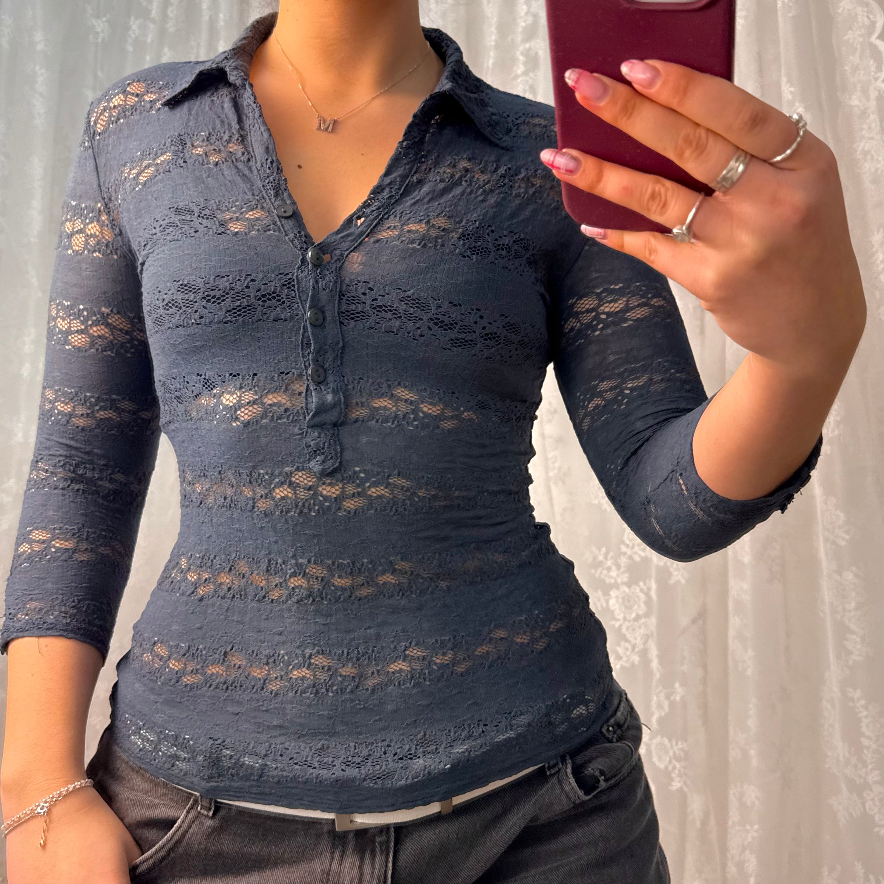 Blue lace button up top