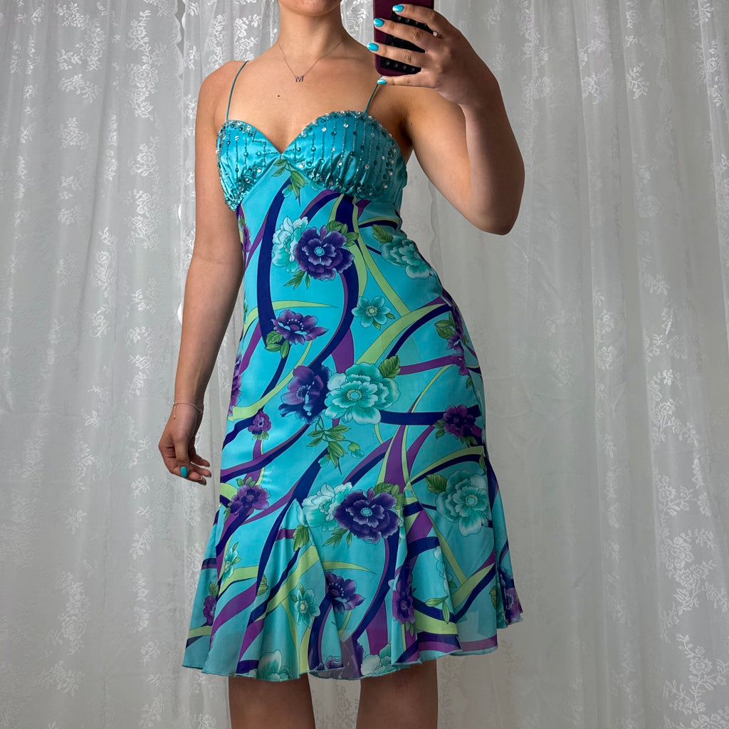 Blue and purple beaded mesh midi dress
