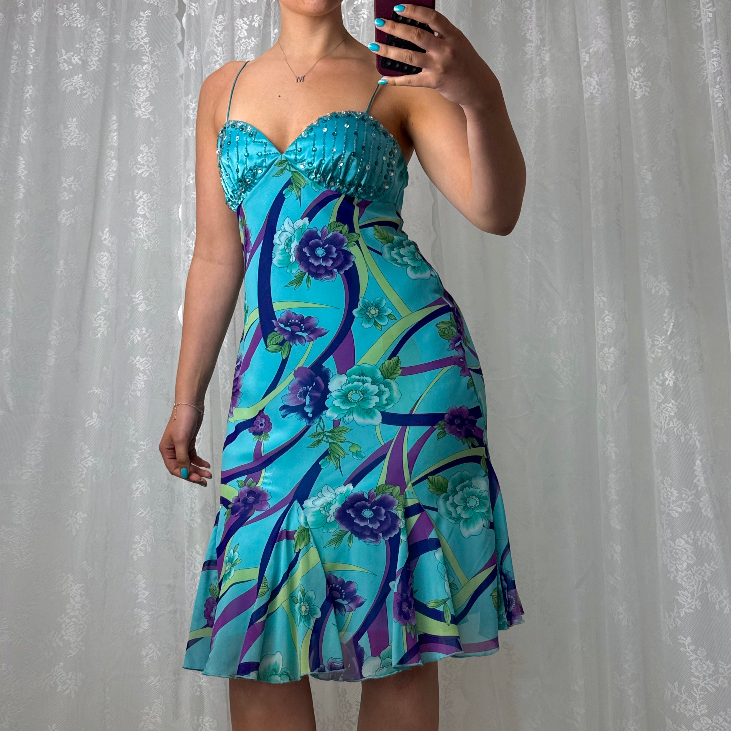Blue and purple beaded mesh midi dress