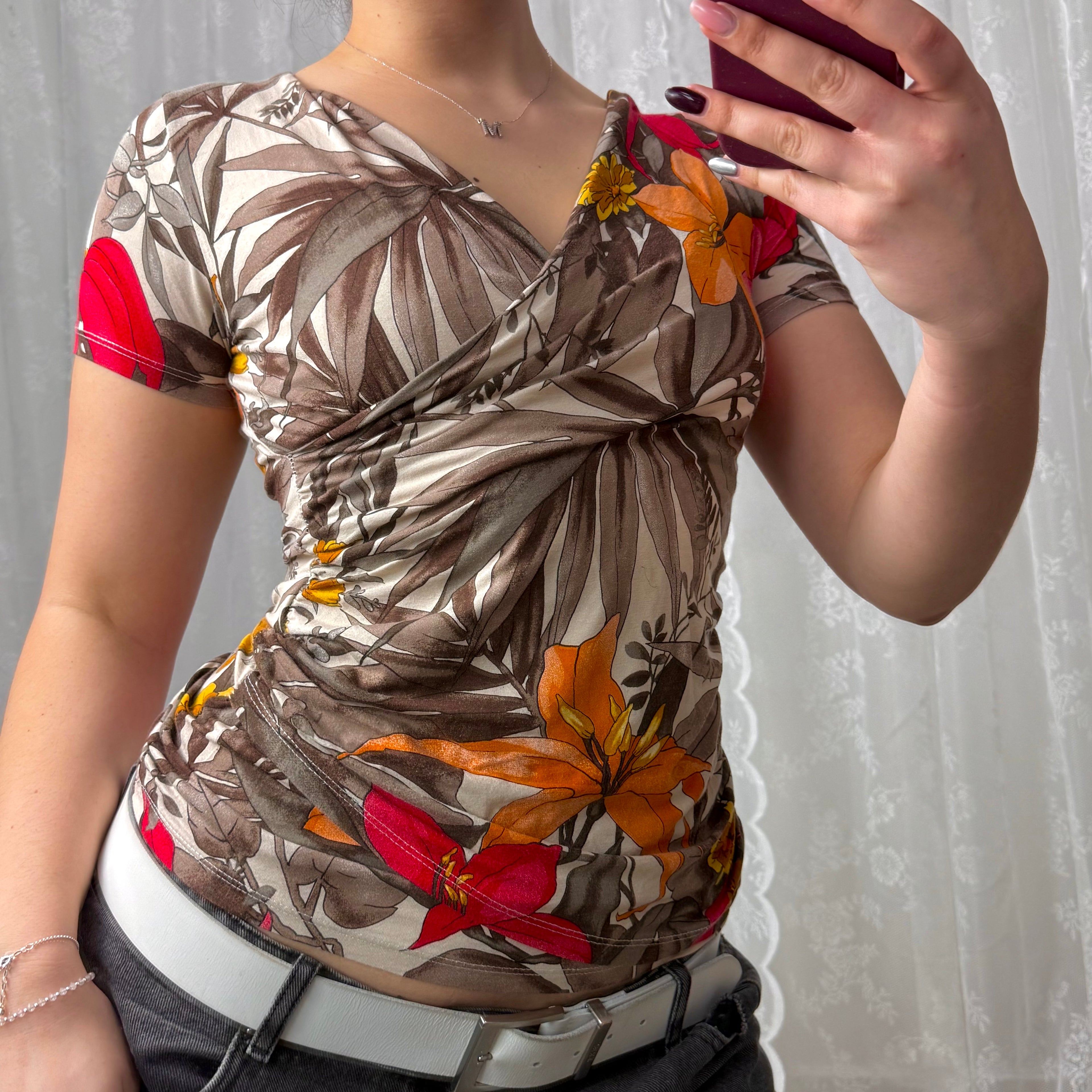 Multicoloured patterned wrap top