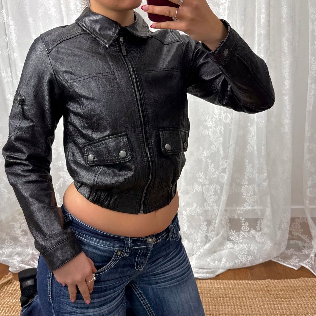 Black shiny leather bomber jacket