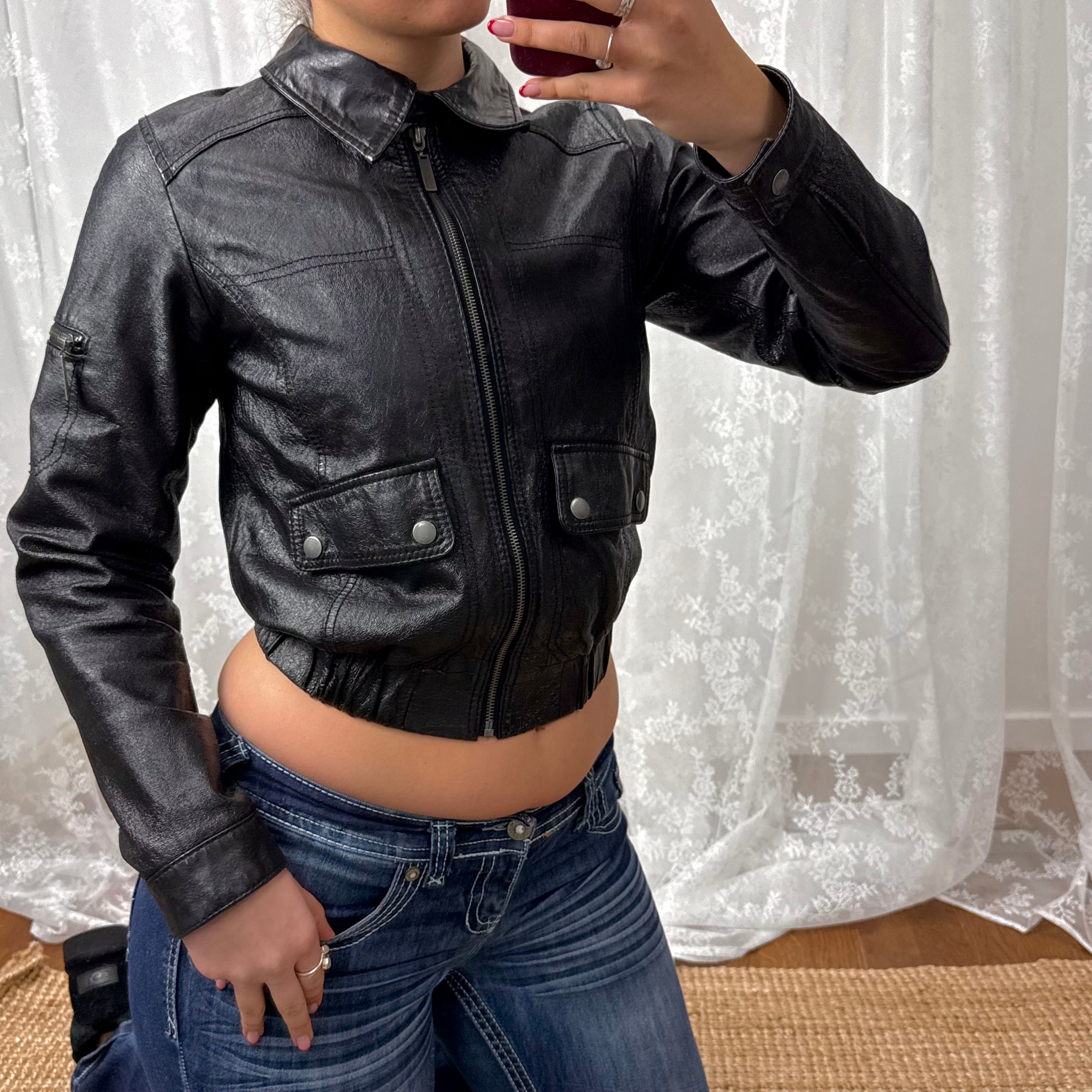 Black shiny leather bomber jacket