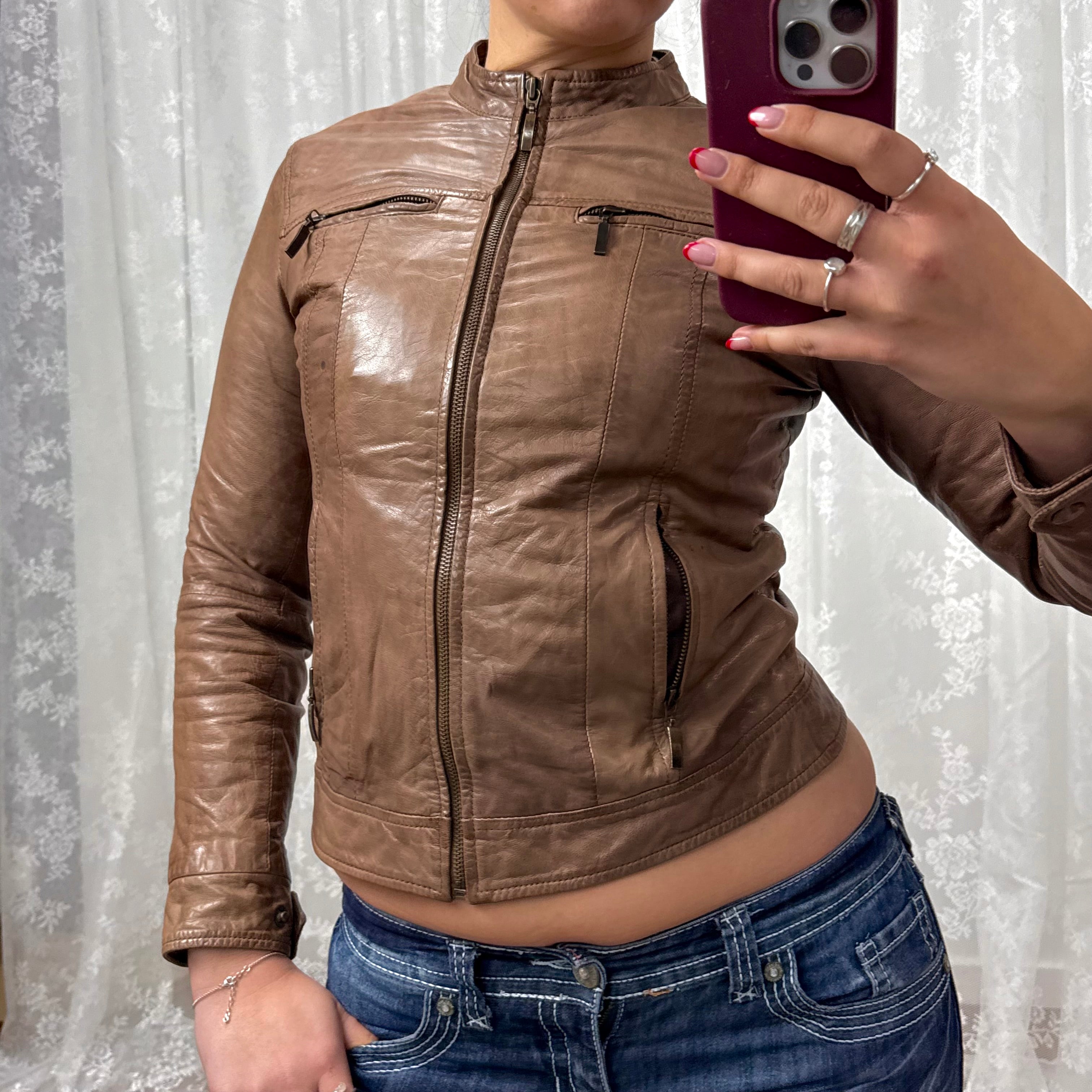 Brown leather zip up jacket