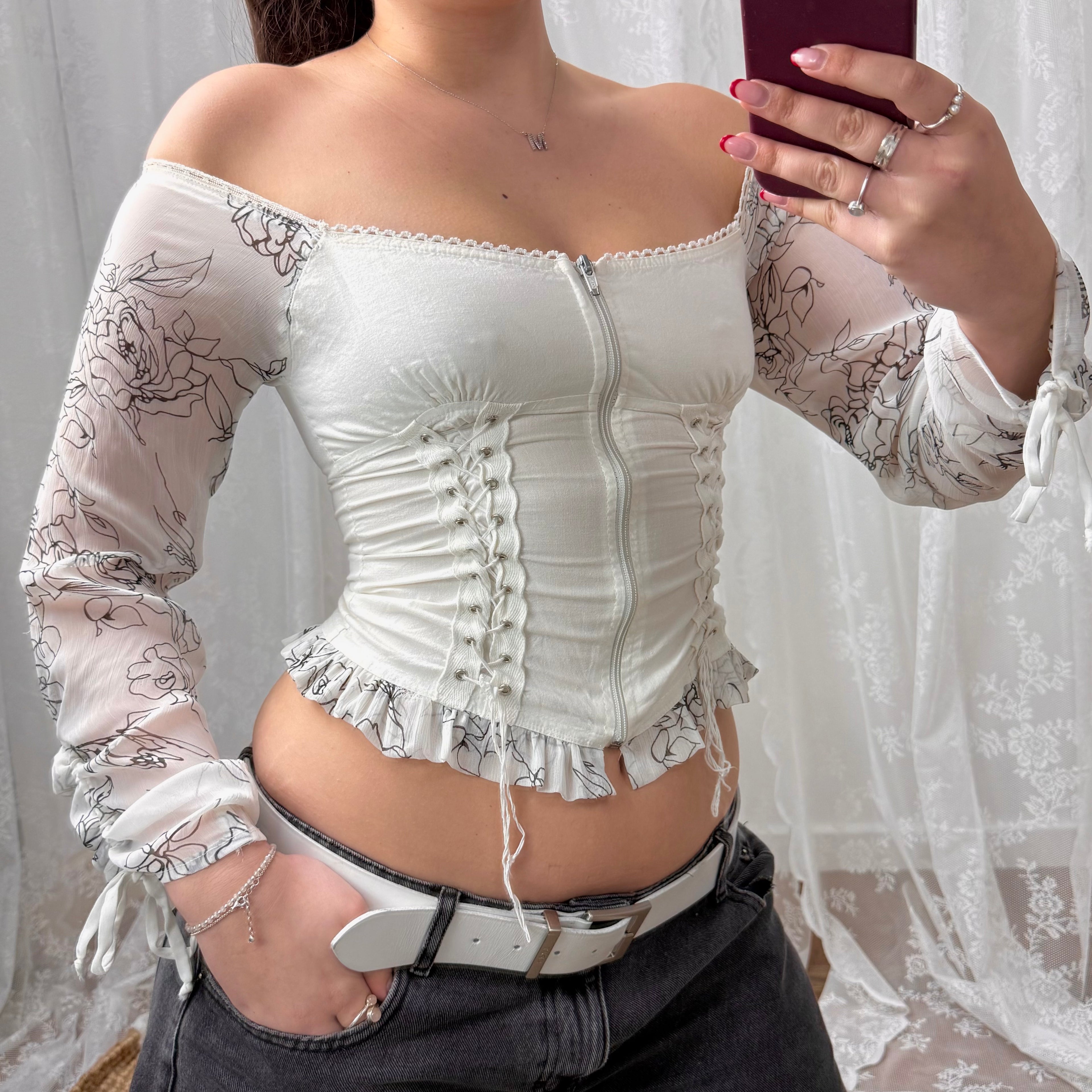 White mesh corset style tie up off the shoulder top