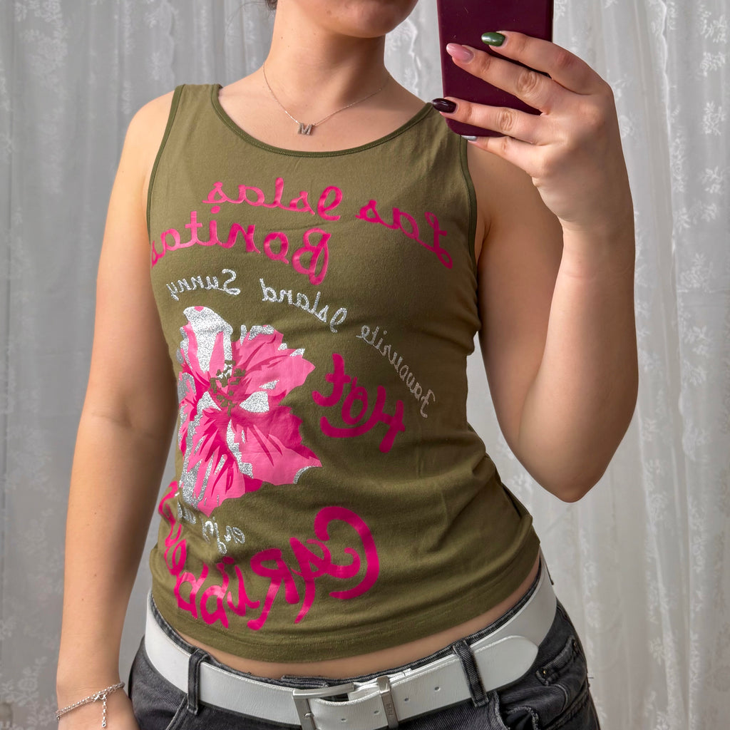 Green and pink tank top with mesh back