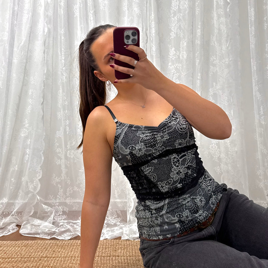 Black and white slinky lace cami top