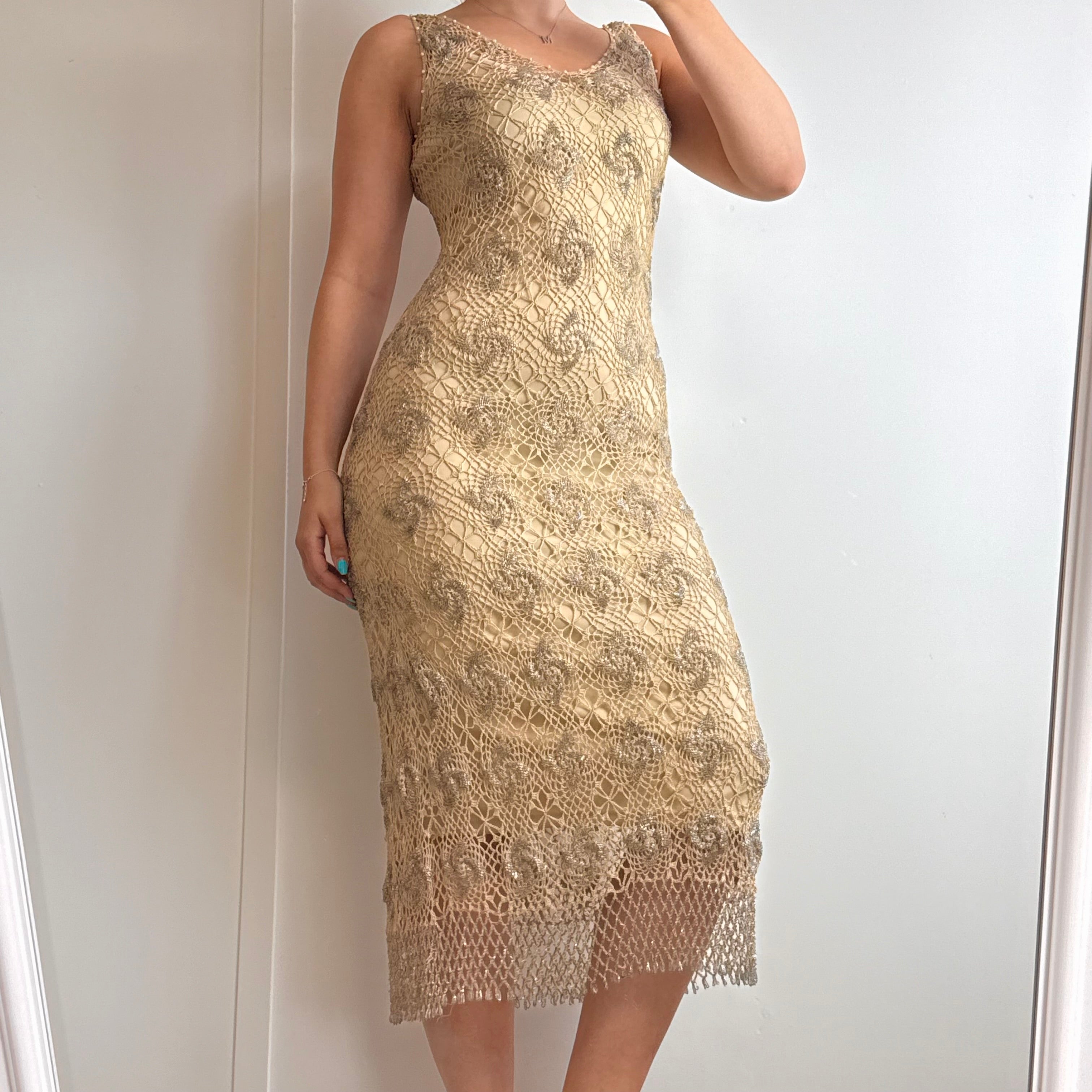 Beige crotchet fully beaded midi dress