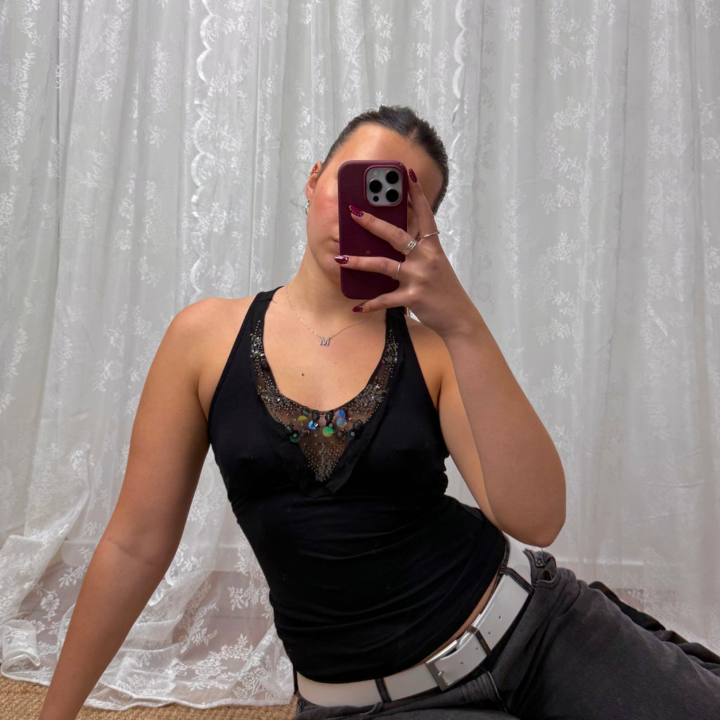 Black beaded cami top with tie back