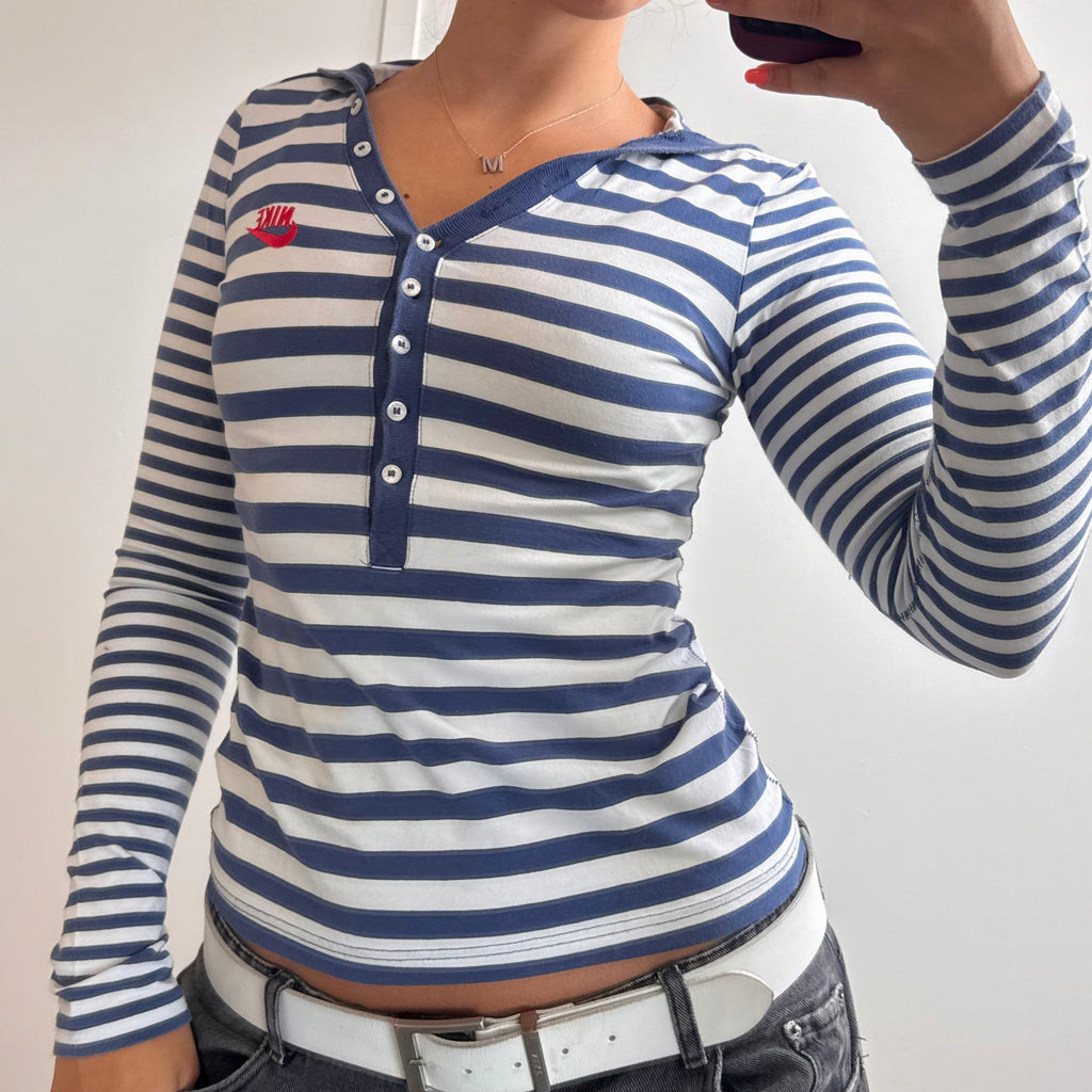 Blue and white striped hoodied long sleeved top