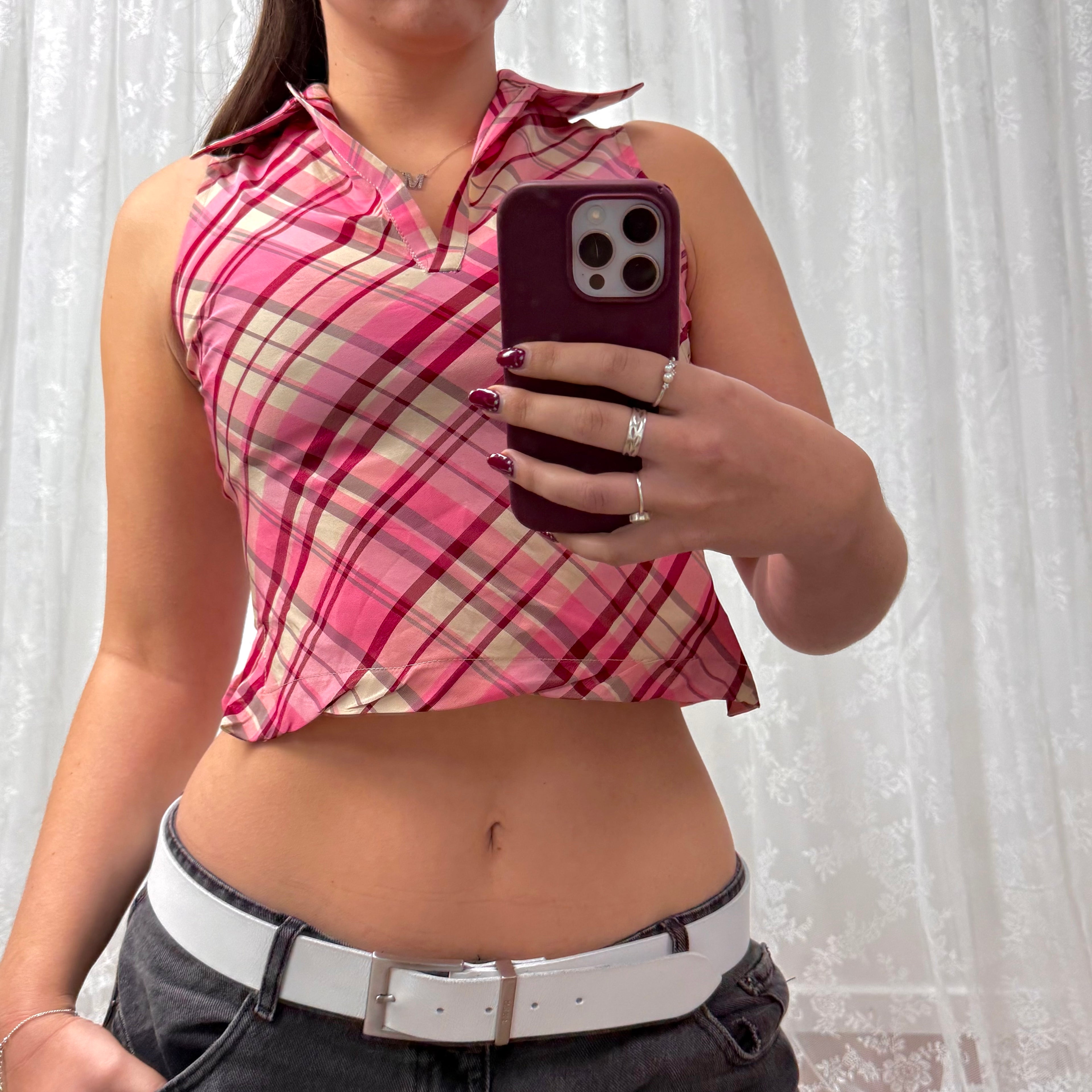 Pink checkered crop top with collar