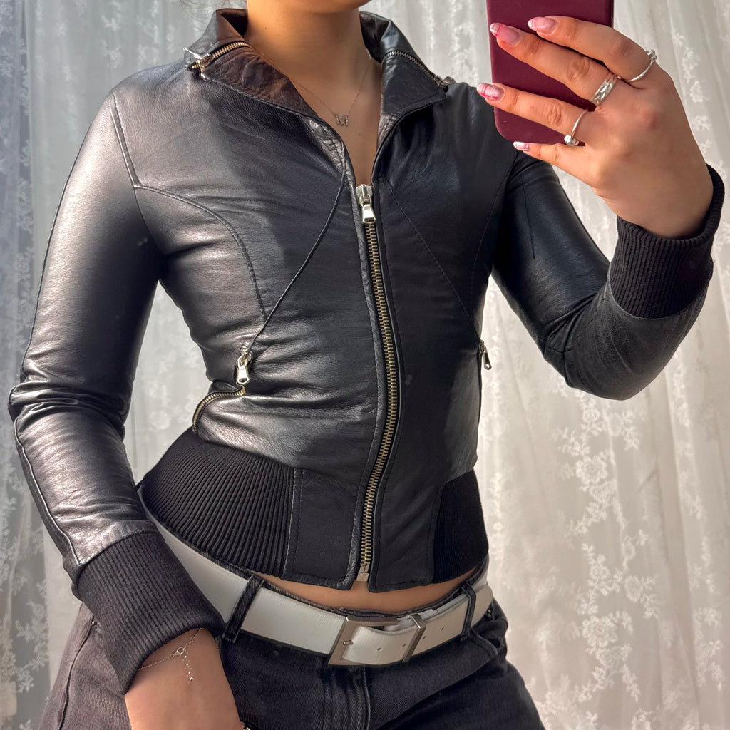 Black leather bomber jacket with zip detailing