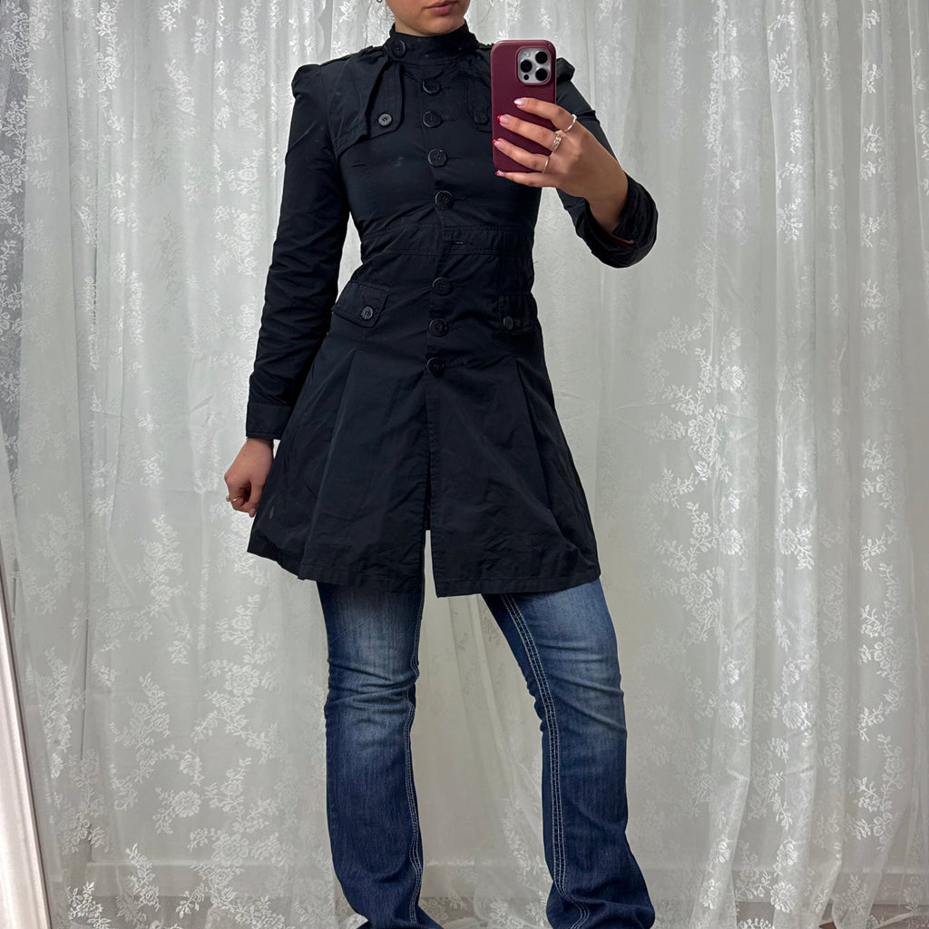 Black shiny Longlined button up jacket