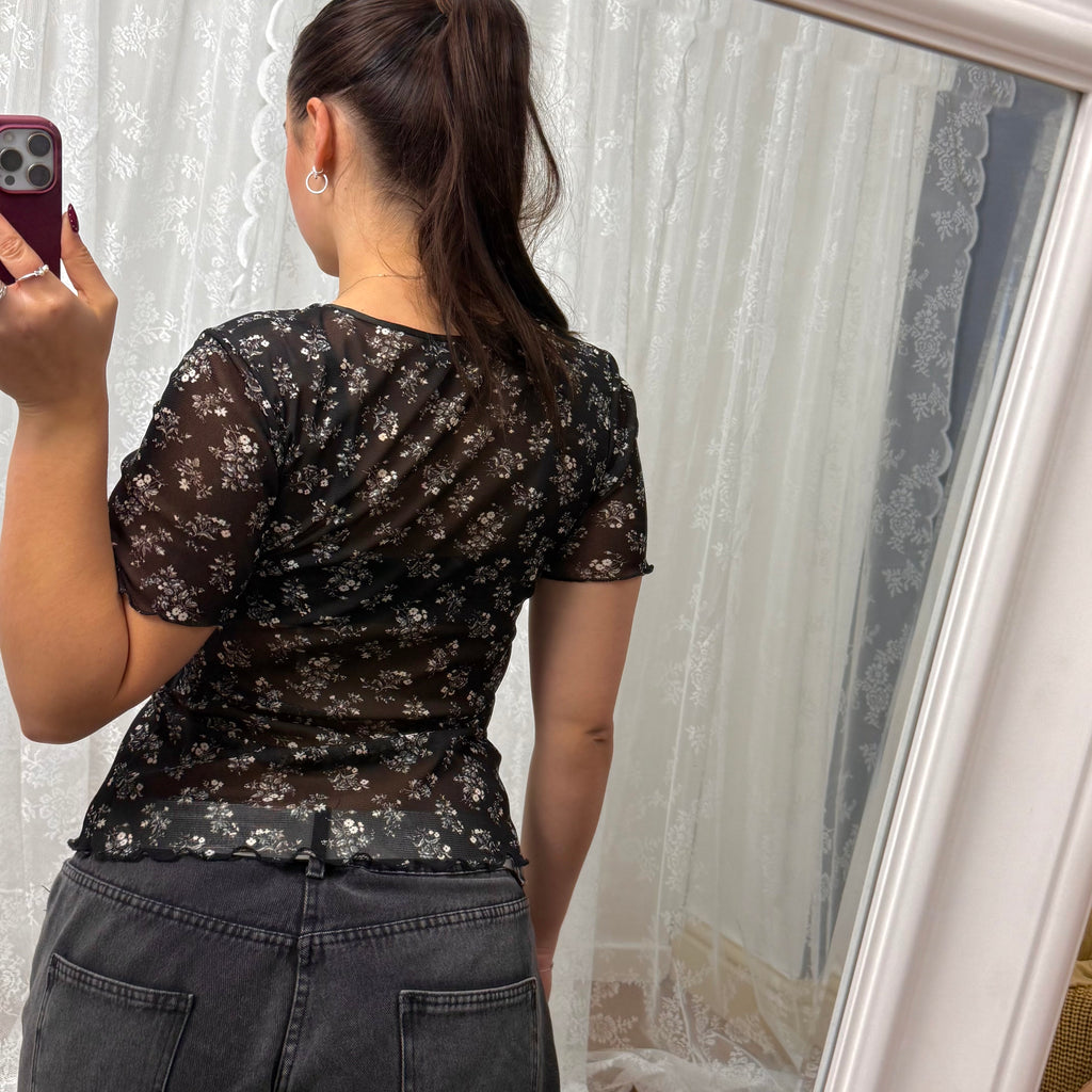 Black and white floral mesh top
