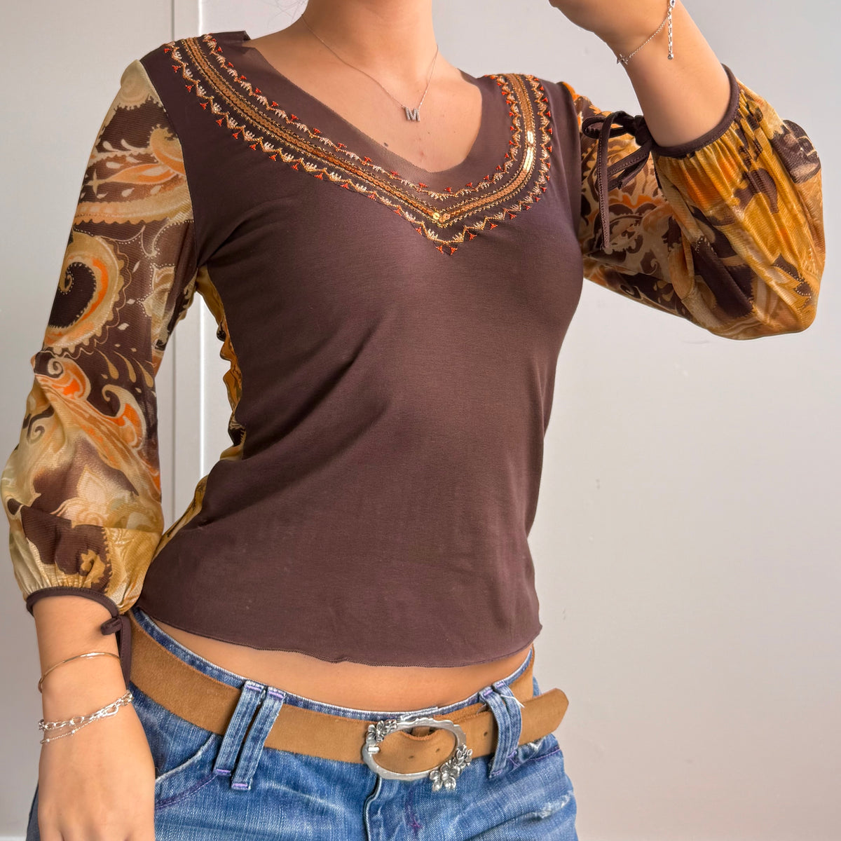 Brown mesh v neck long sleeved sequin top