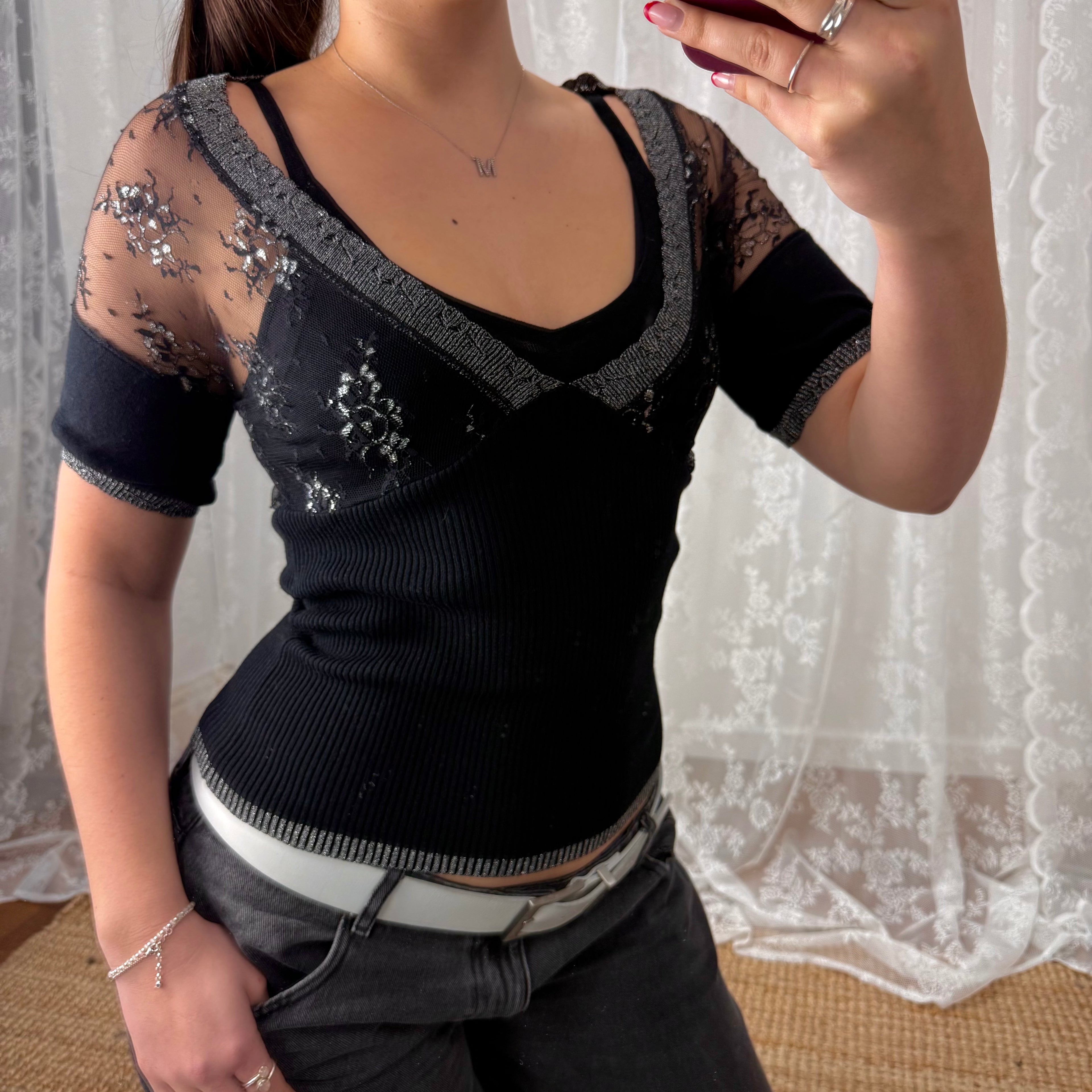Black layered mesh glittery top