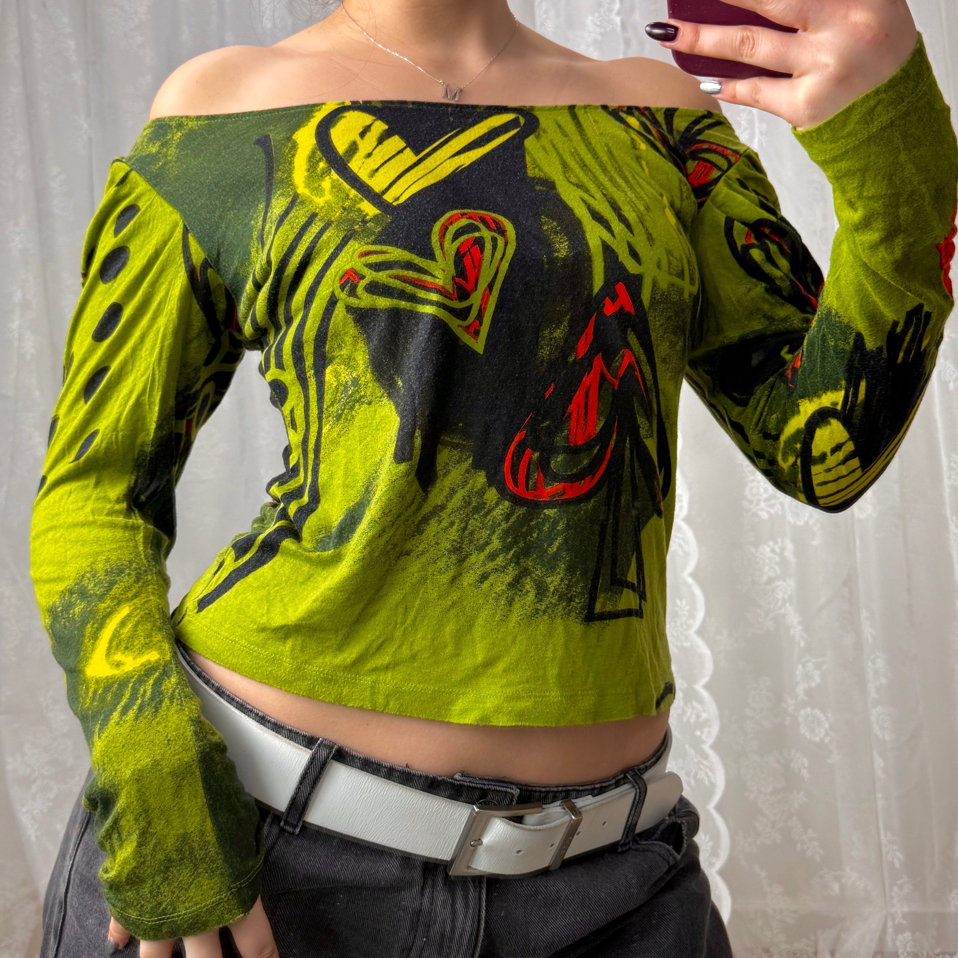 Green patterned off the shoulder long sleeved top