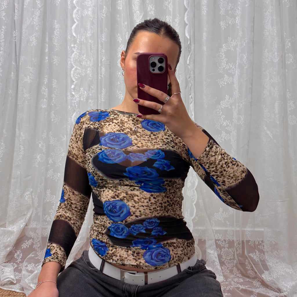 Multicoloured patterned mesh long sleeved top