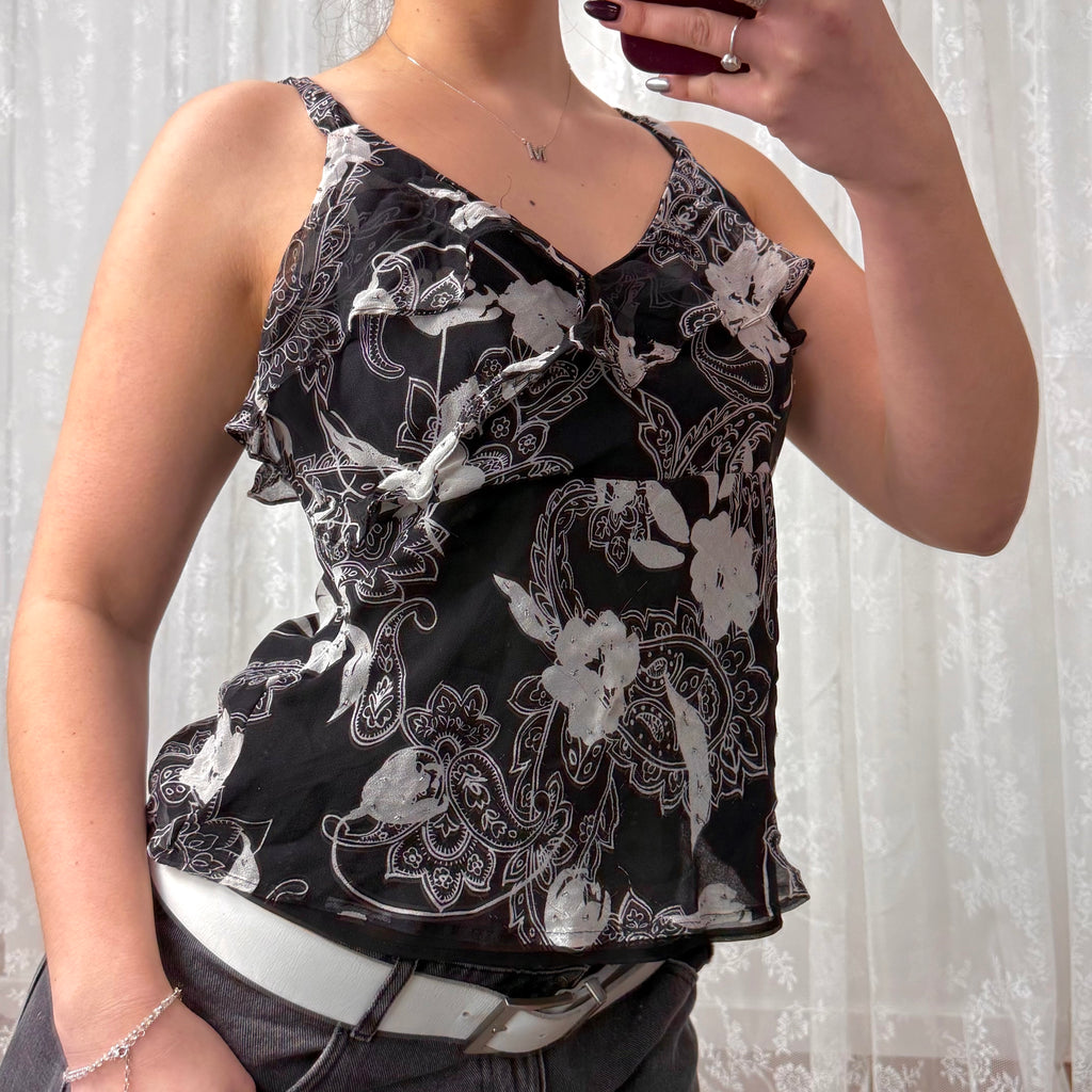 Black and white detailed silk cami top