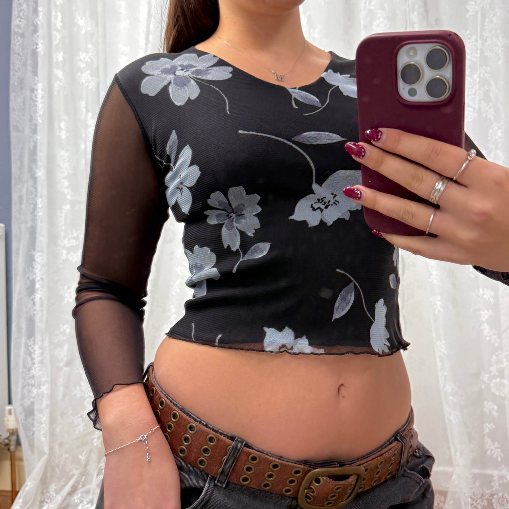 Black and Bluey/grey floral mesh long sleeved top
