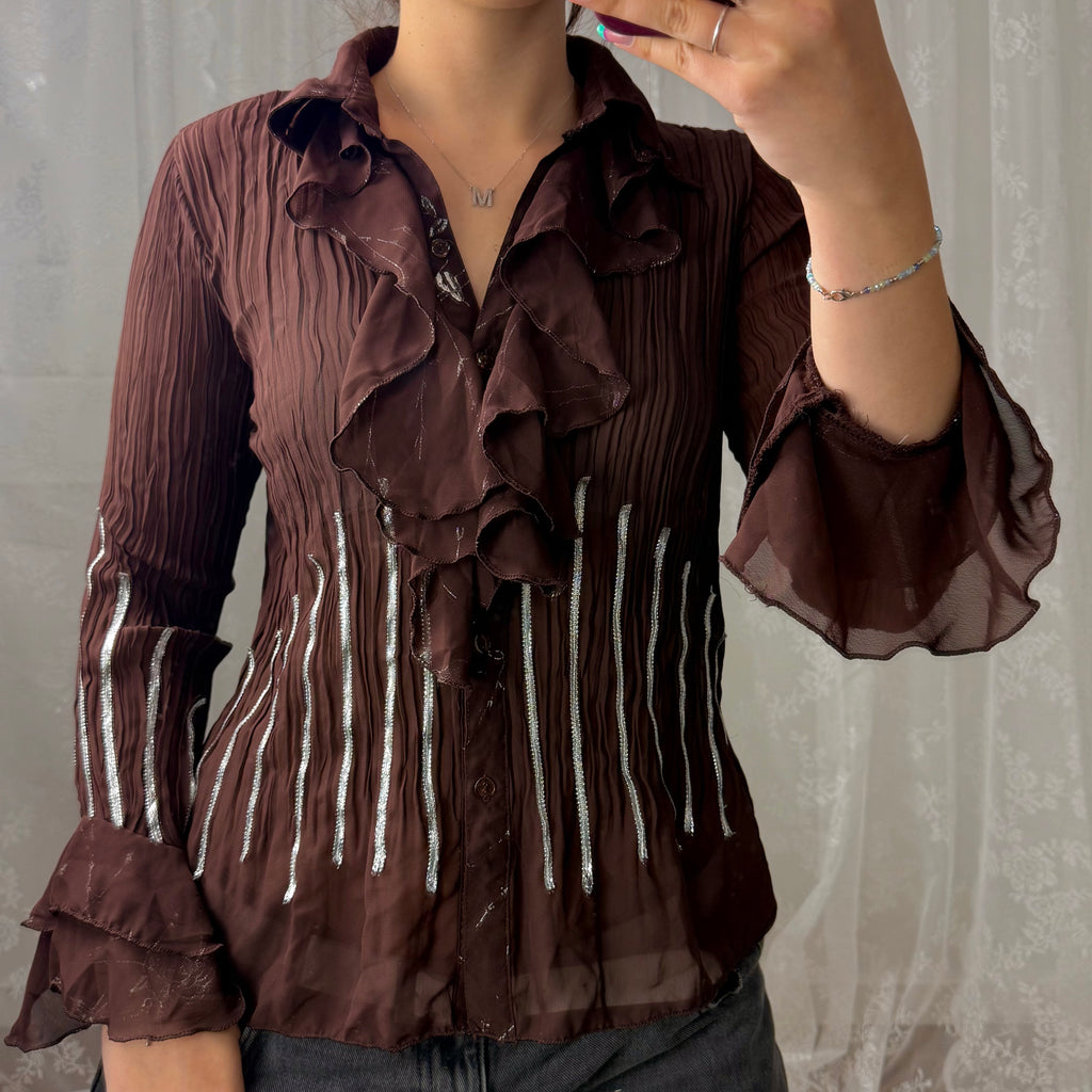 Brown mesh ruffle detailed shirt
