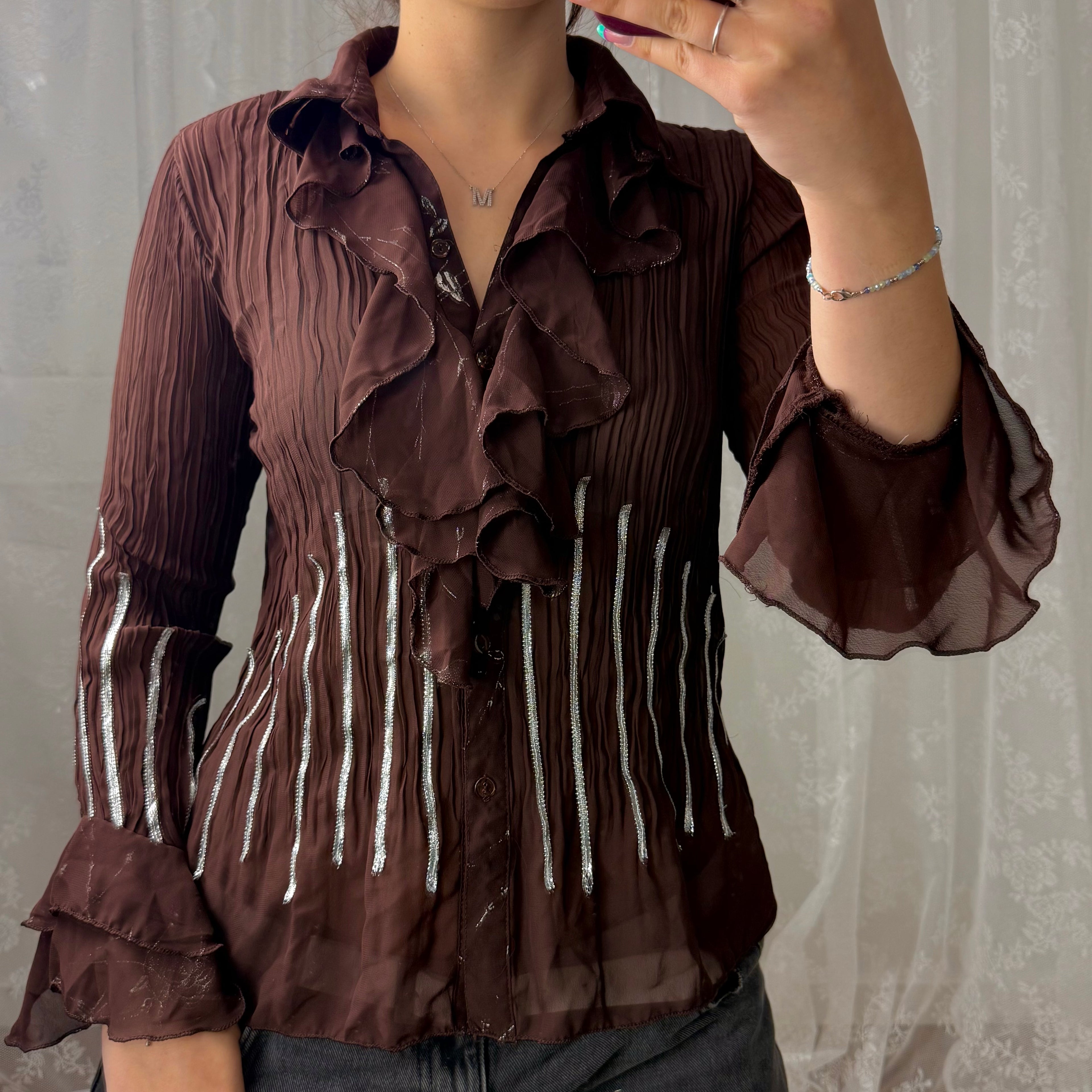 Brown mesh ruffle detailed shirt
