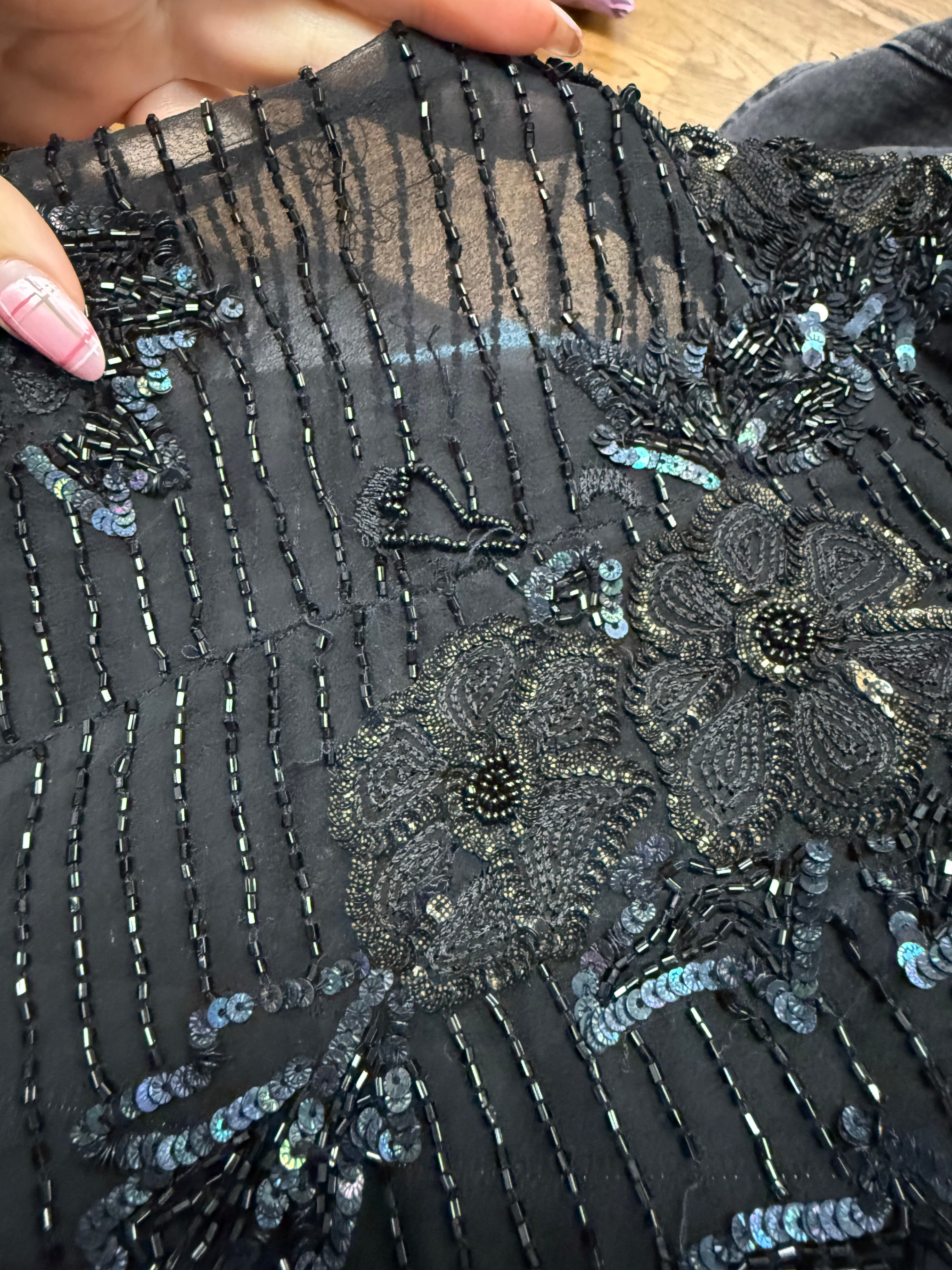 Black sequin beaded silk top