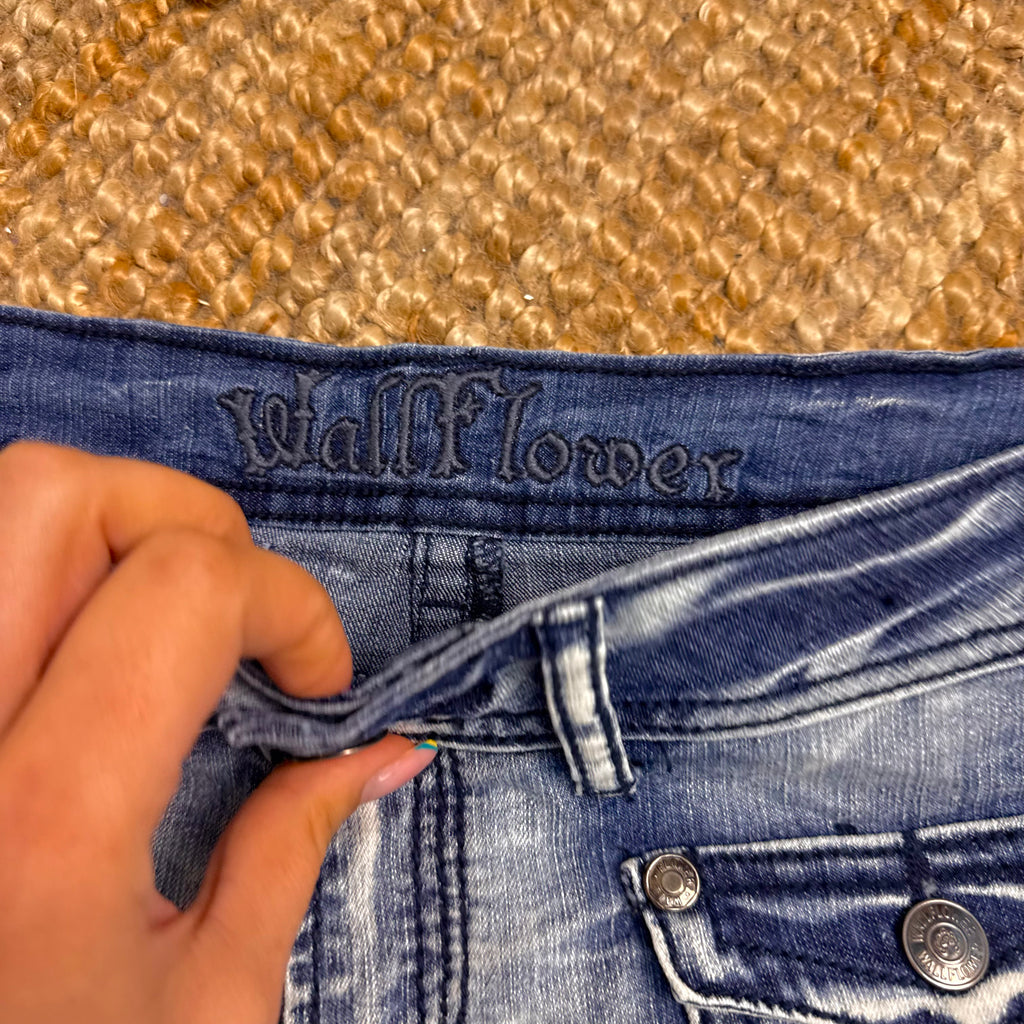 Blue denim studded mini shorts