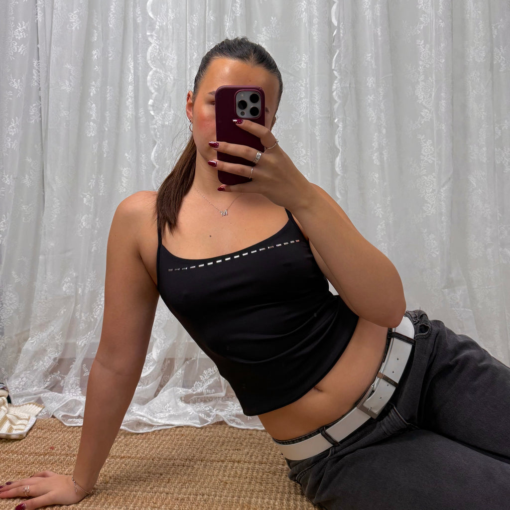 Black slinky crop top with silver pattern