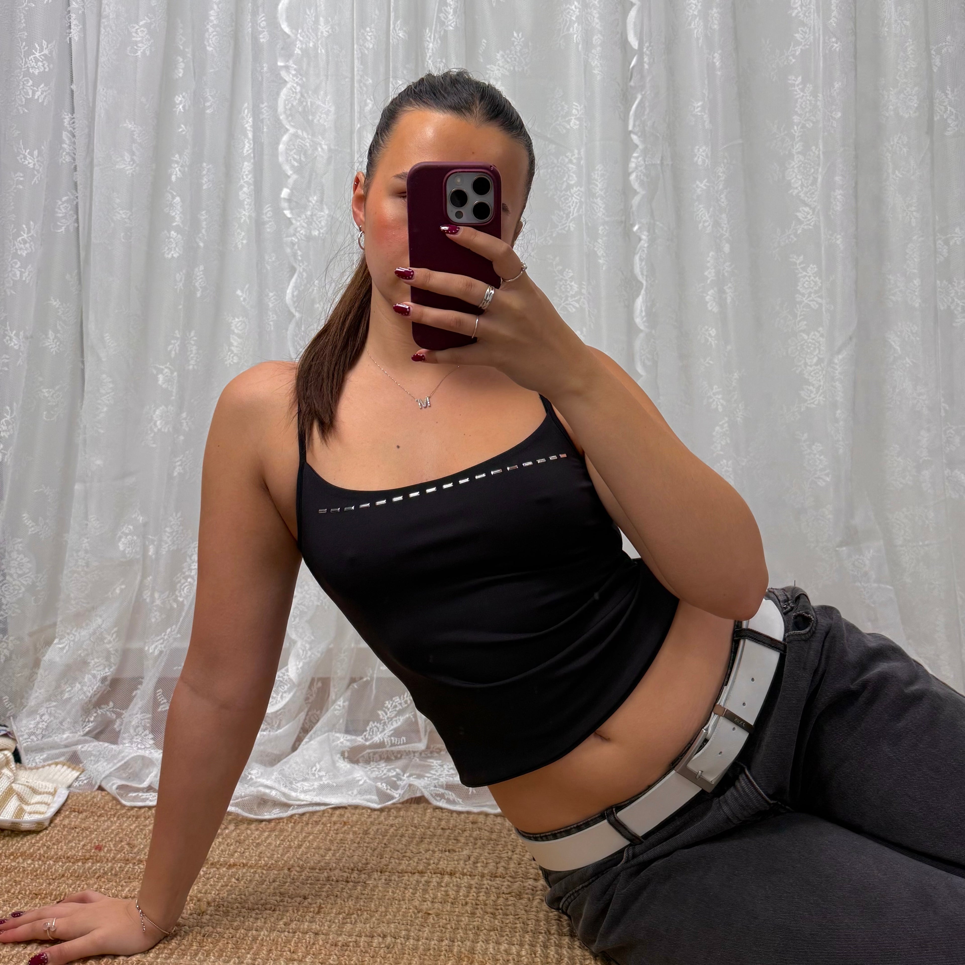 Black slinky crop top with silver pattern