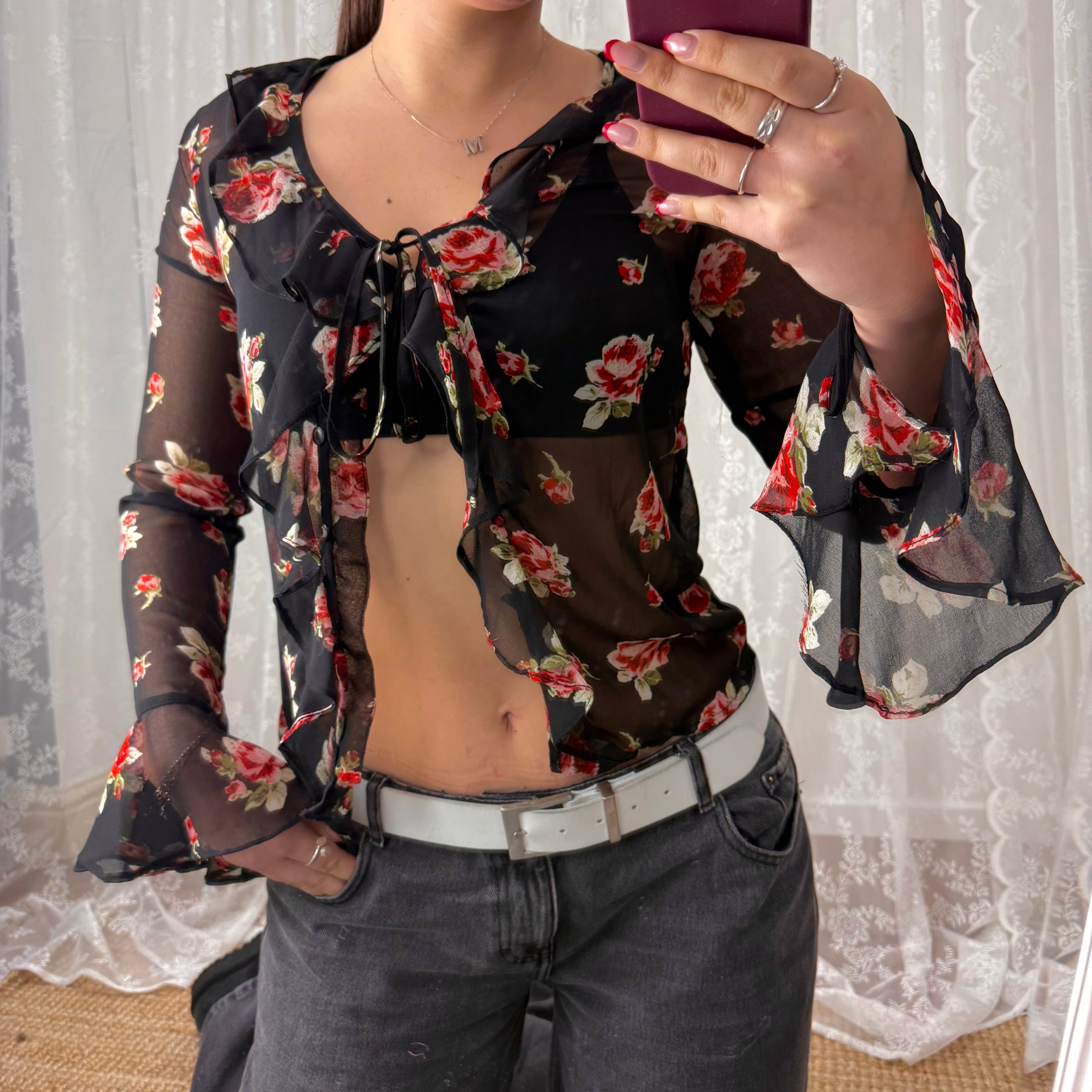 Black sheer floral floaty tie up top