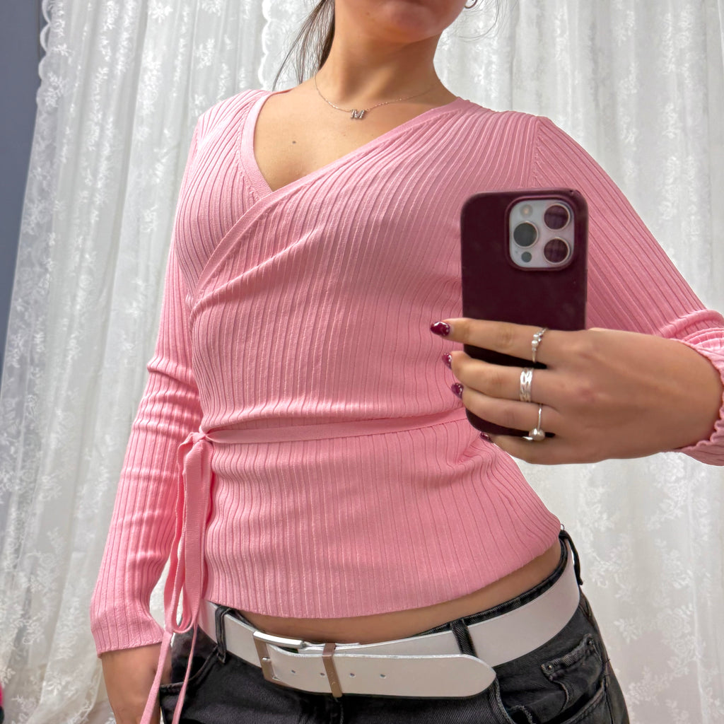 Baby pink ribbed vintage wrap top/cardigan